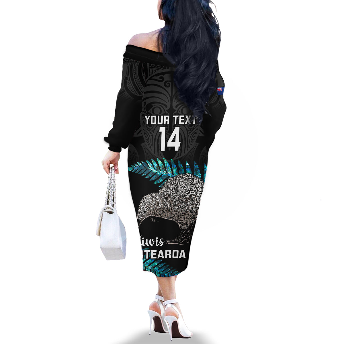 Custom New Zealand Silver Fern Rugby Family Matching Off Shoulder Long Sleeve Dress and Hawaiian Shirt Pacific 2023 Kia Haka Kiwis With Maori Ta Moko LT14 - Polynesian Pride