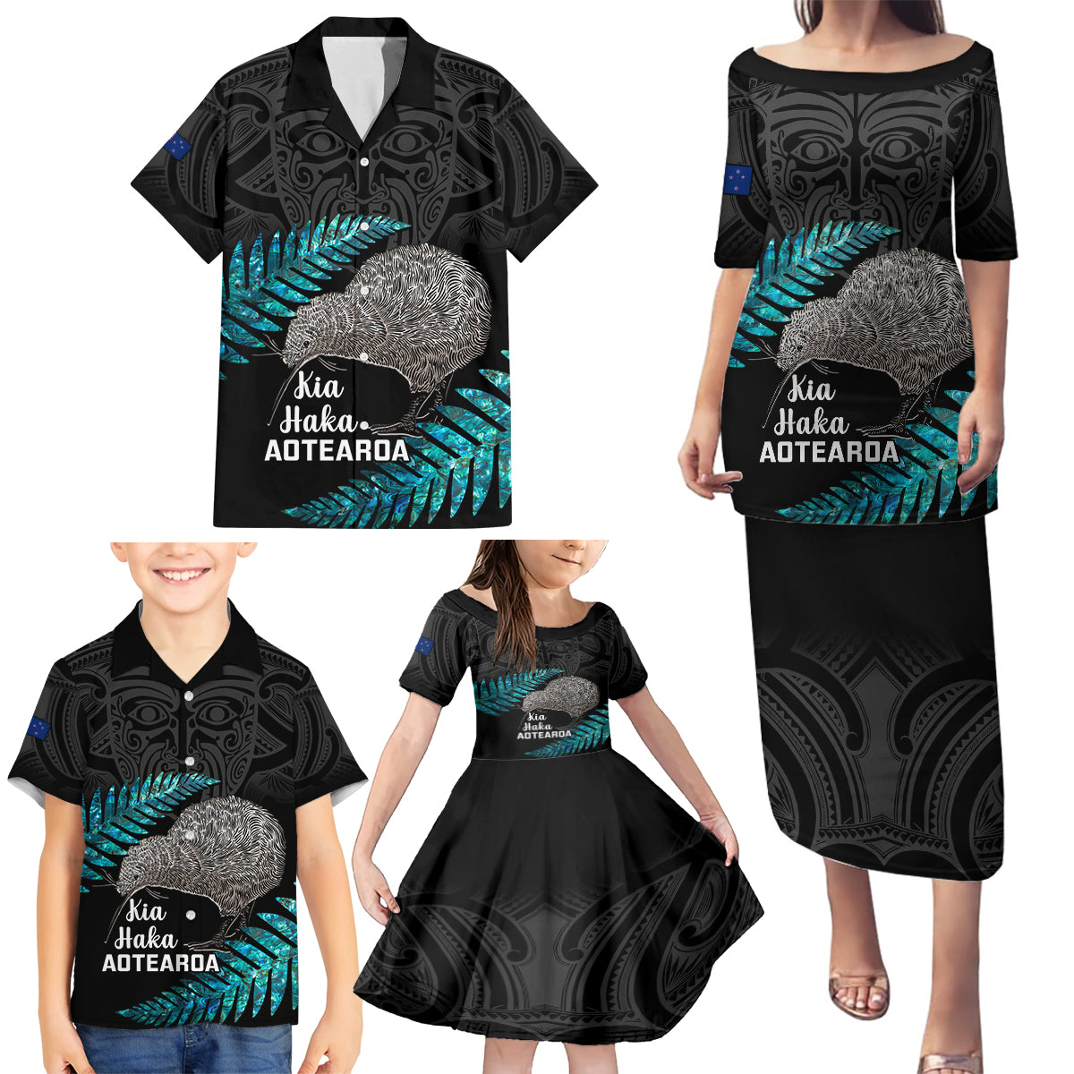 Custom New Zealand Silver Fern Rugby Family Matching Puletasi Dress and Hawaiian Shirt Pacific 2023 Kia Haka Kiwis With Maori Ta Moko LT14 - Polynesian Pride