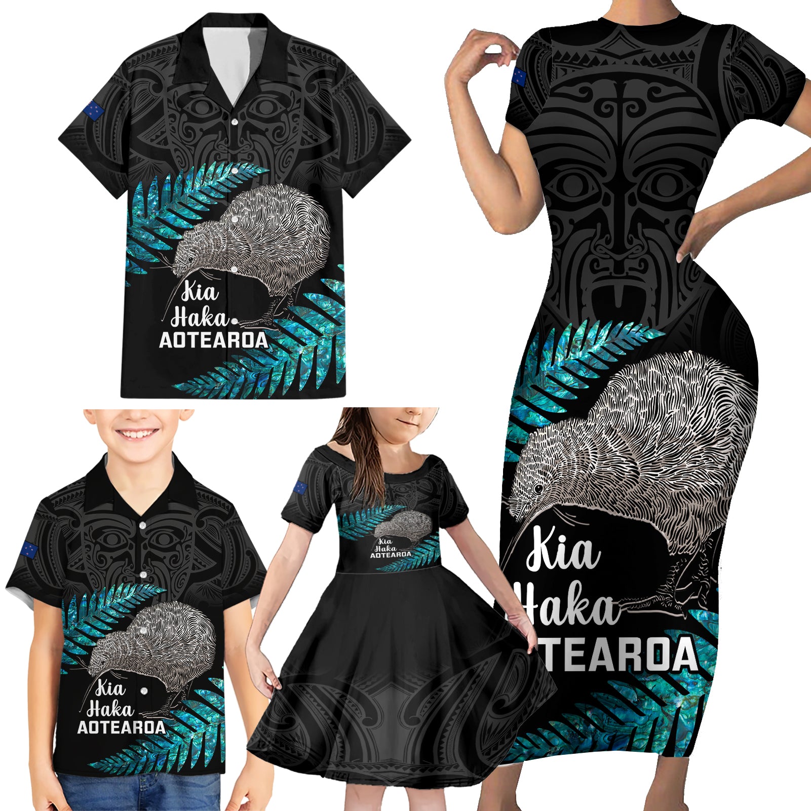 Custom New Zealand Silver Fern Rugby Family Matching Short Sleeve Bodycon Dress and Hawaiian Shirt Pacific 2023 Kia Haka Kiwis With Maori Ta Moko LT14 - Polynesian Pride