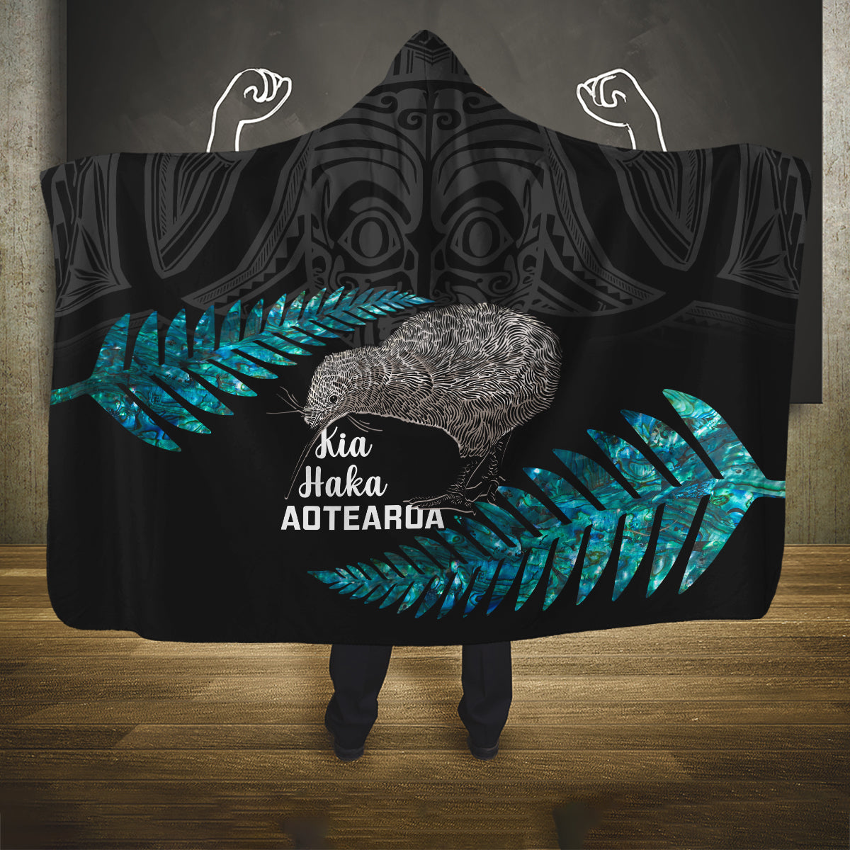 New Zealand Silver Fern Rugby Hooded Blanket Pacific 2023 Kia Haka Kiwis With Maori Ta Moko LT14 One Size Black - Polynesian Pride