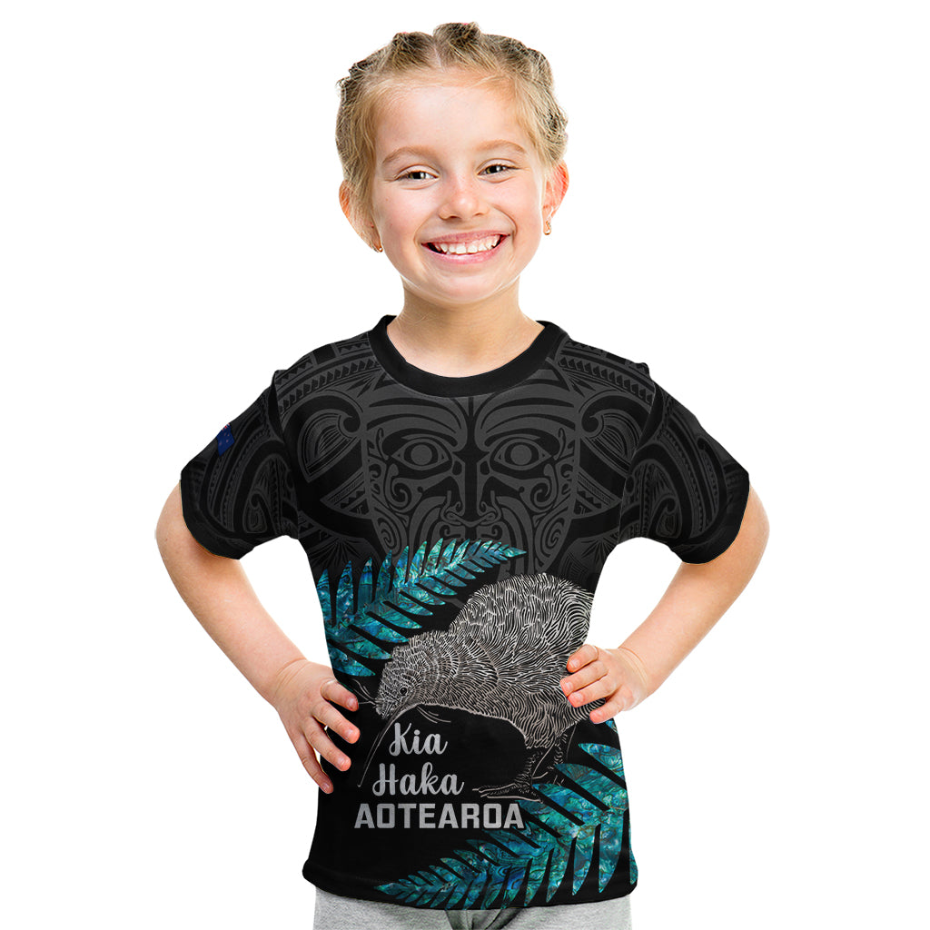 Custom New Zealand Silver Fern Rugby Kid T Shirt Pacific 2023 Kia Haka Kiwis With Maori Ta Moko LT14 Black - Polynesian Pride