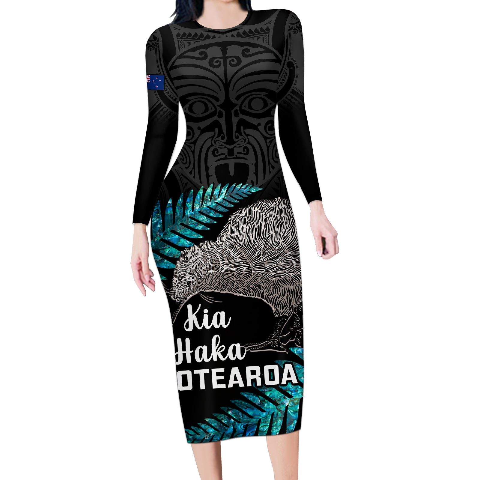 Custom New Zealand Silver Fern Rugby Long Sleeve Bodycon Dress Pacific 2023 Kia Haka Kiwis With Maori Ta Moko LT14 Long Dress Black - Polynesian Pride