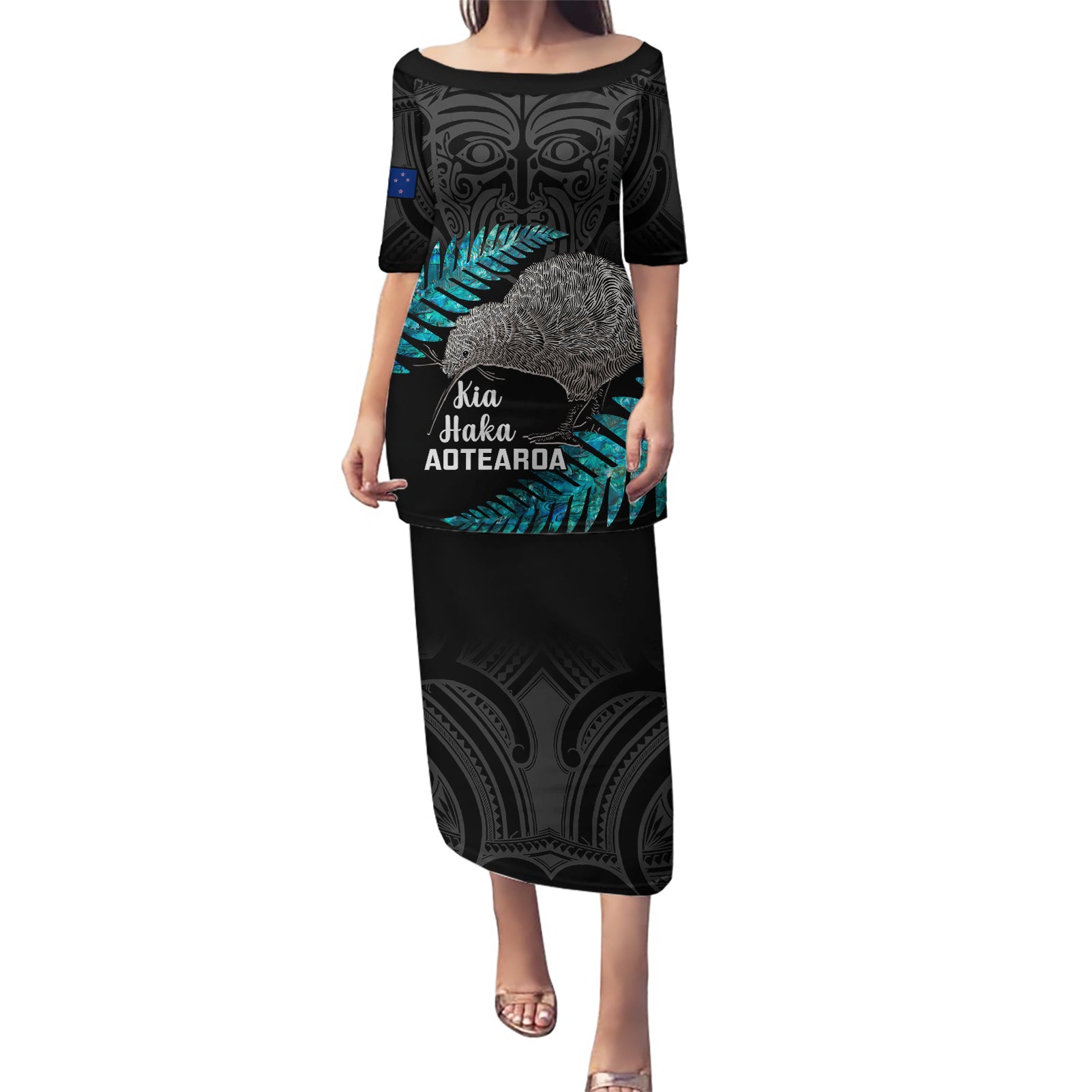 Custom New Zealand Silver Fern Rugby Puletasi Pacific 2023 Kia Haka Kiwis With Maori Ta Moko LT14 Long Dress Black - Polynesian Pride