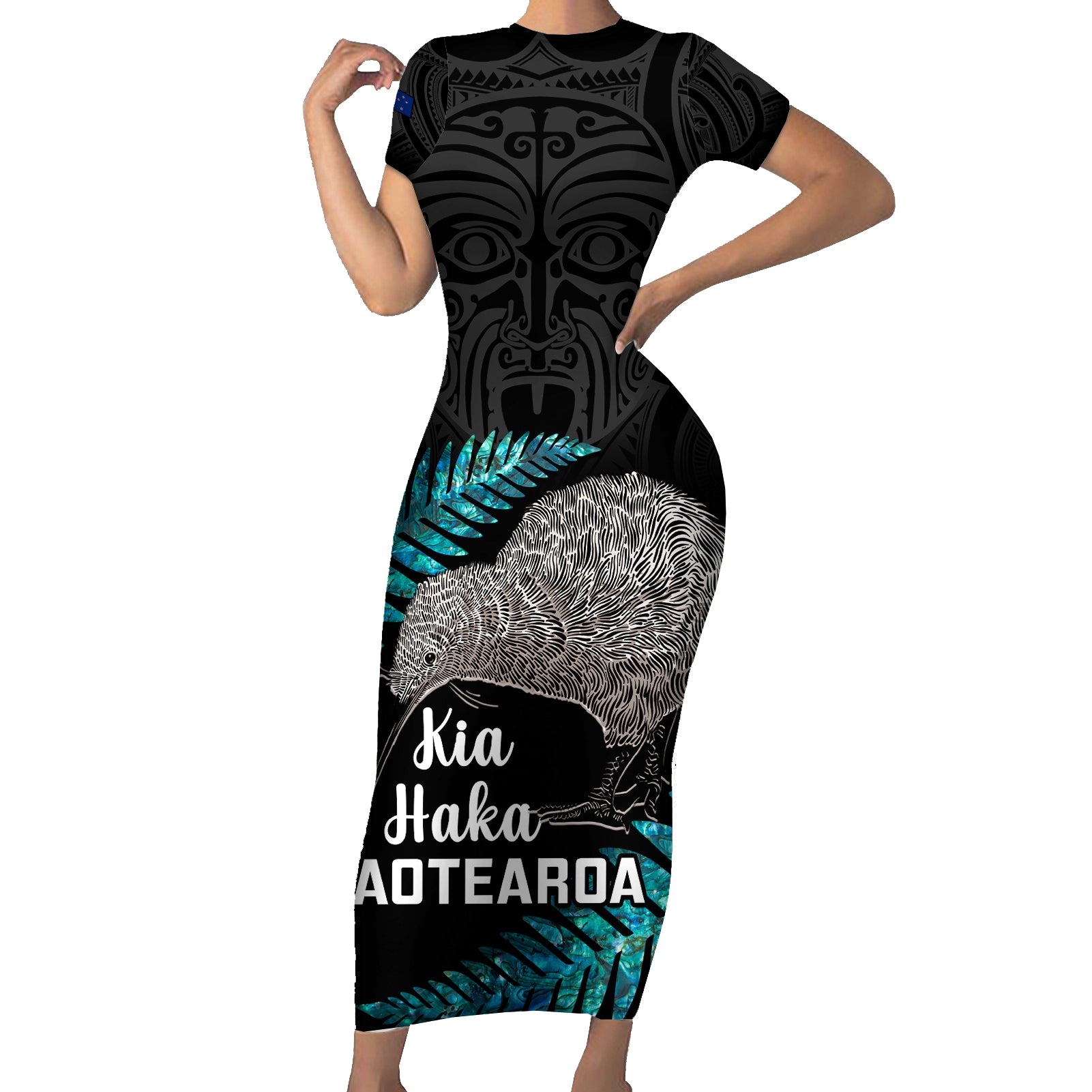 Custom New Zealand Silver Fern Rugby Short Sleeve Bodycon Dress Pacific 2023 Kia Haka Kiwis With Maori Ta Moko LT14 Long Dress Black - Polynesian Pride