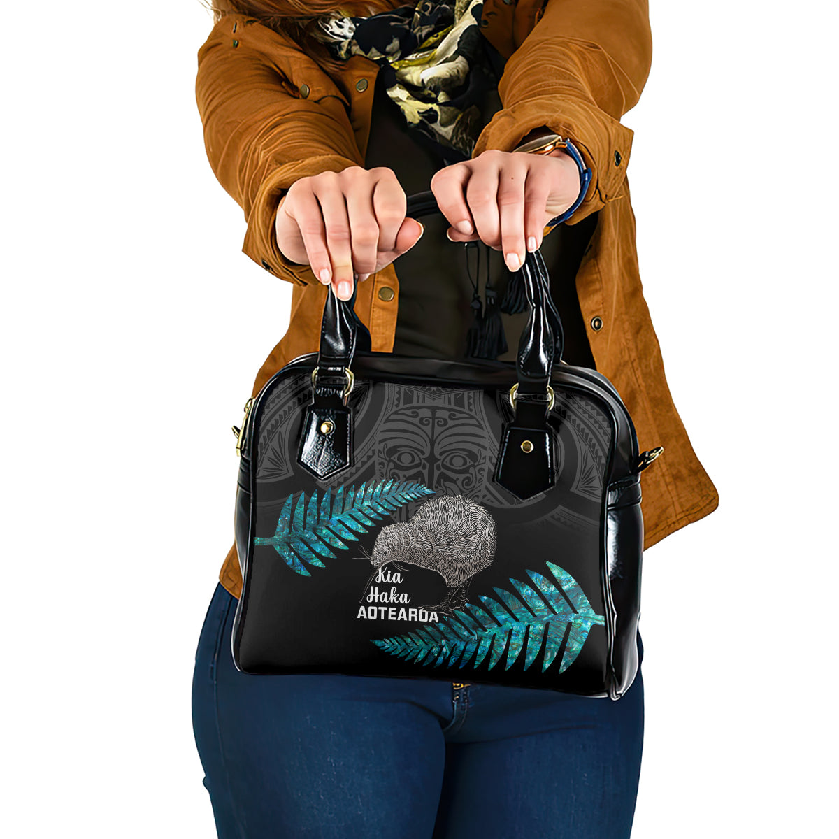 New Zealand Silver Fern Rugby Shoulder Handbag Pacific 2023 Kia Haka Kiwis With Maori Ta Moko LT14 One Size Black - Polynesian Pride