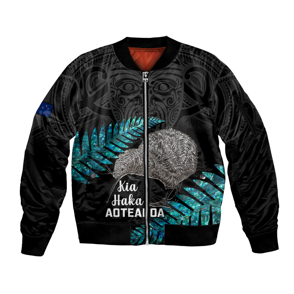 Custom New Zealand Silver Fern Rugby Sleeve Zip Bomber Jacket Pacific 2023 Kia Haka Kiwis With Maori Ta Moko LT14 Unisex Black - Polynesian Pride