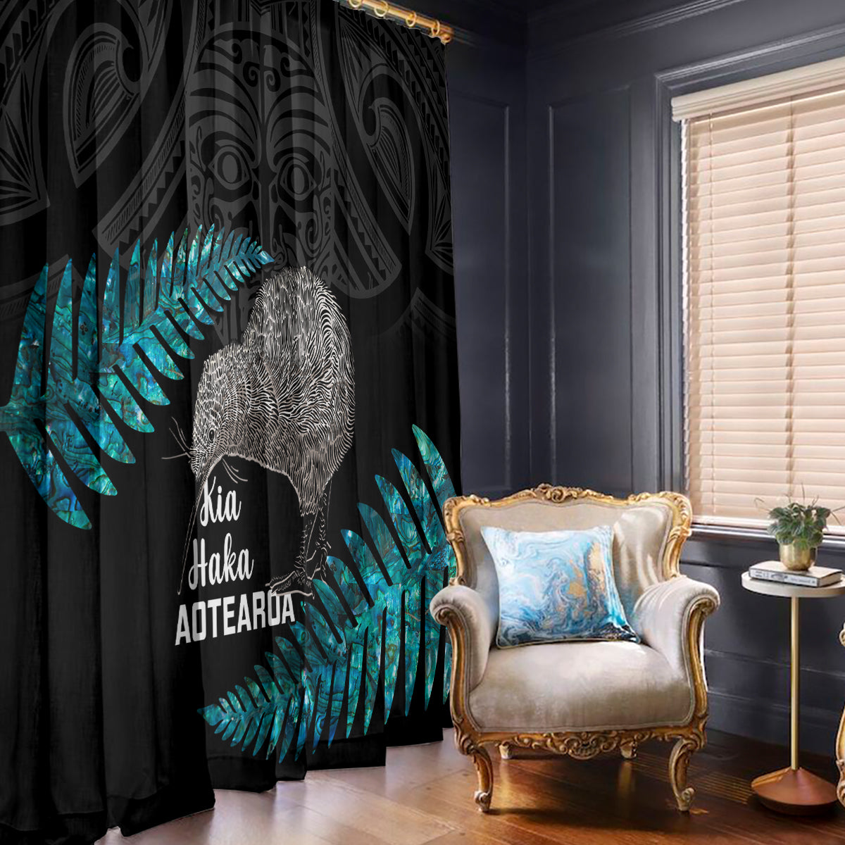 New Zealand Silver Fern Rugby Window Curtain Pacific 2023 Kia Haka Kiwis With Maori Ta Moko LT14 With Hooks Black - Polynesian Pride