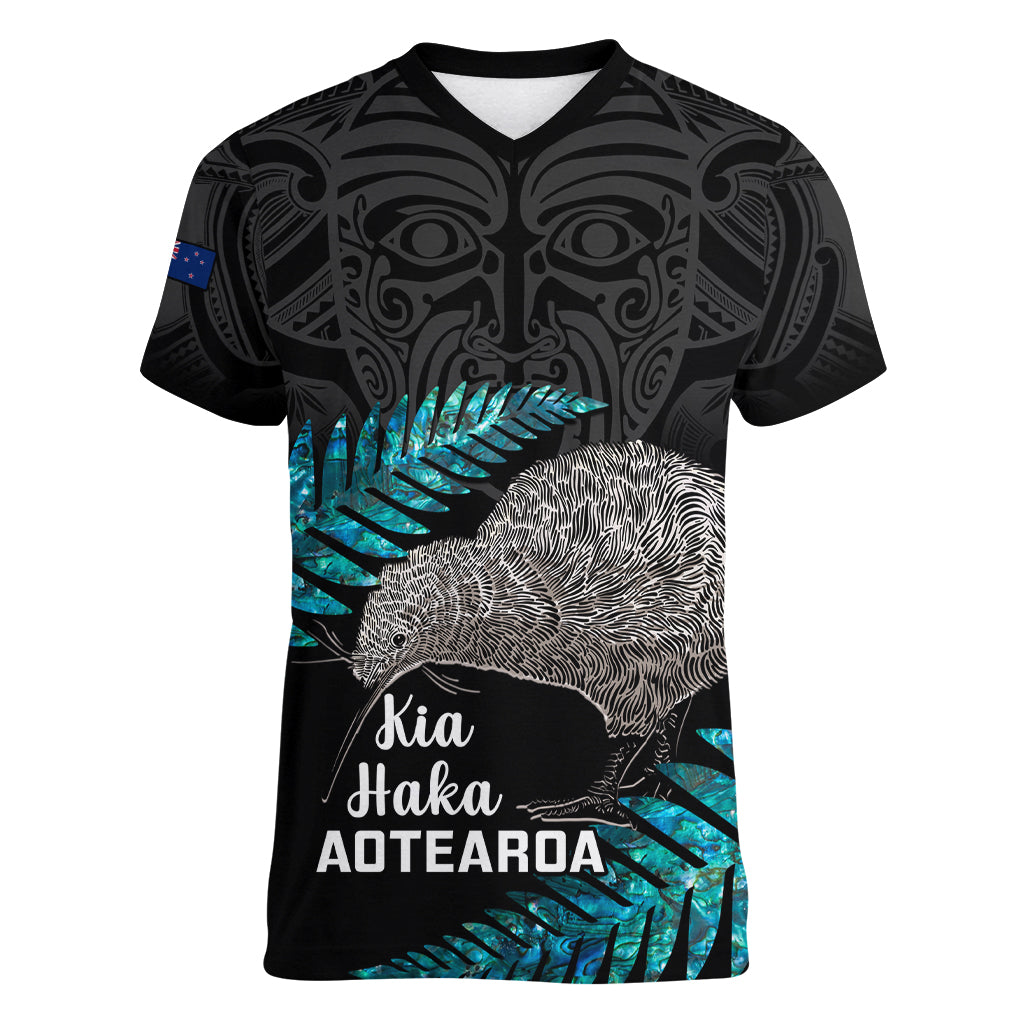 Custom New Zealand Silver Fern Rugby Women V Neck T Shirt Pacific 2023 Kia Haka Kiwis With Maori Ta Moko LT14 Female Black - Polynesian Pride