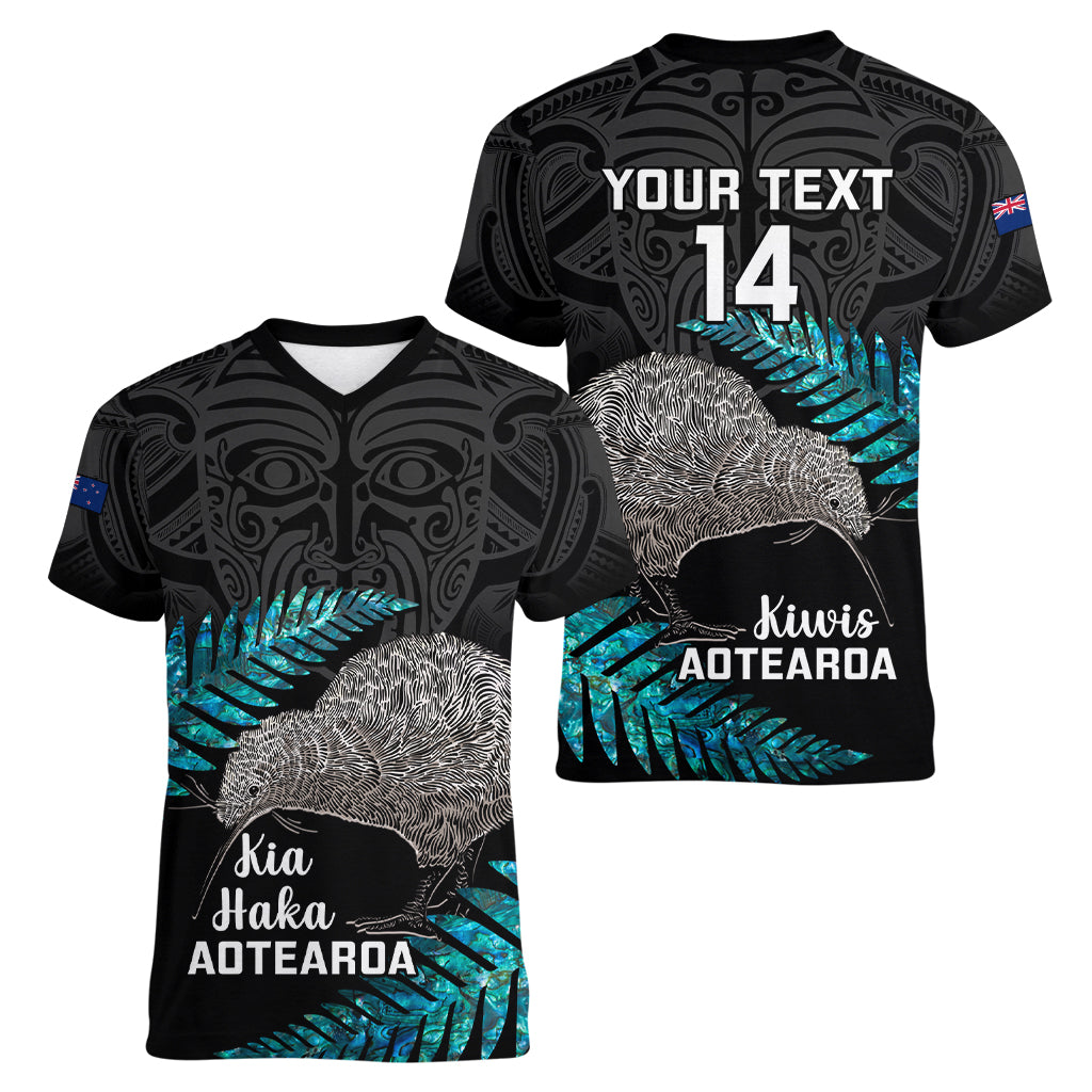 Custom New Zealand Silver Fern Rugby Women V Neck T Shirt Pacific 2023 Kia Haka Kiwis With Maori Ta Moko LT14 - Polynesian Pride