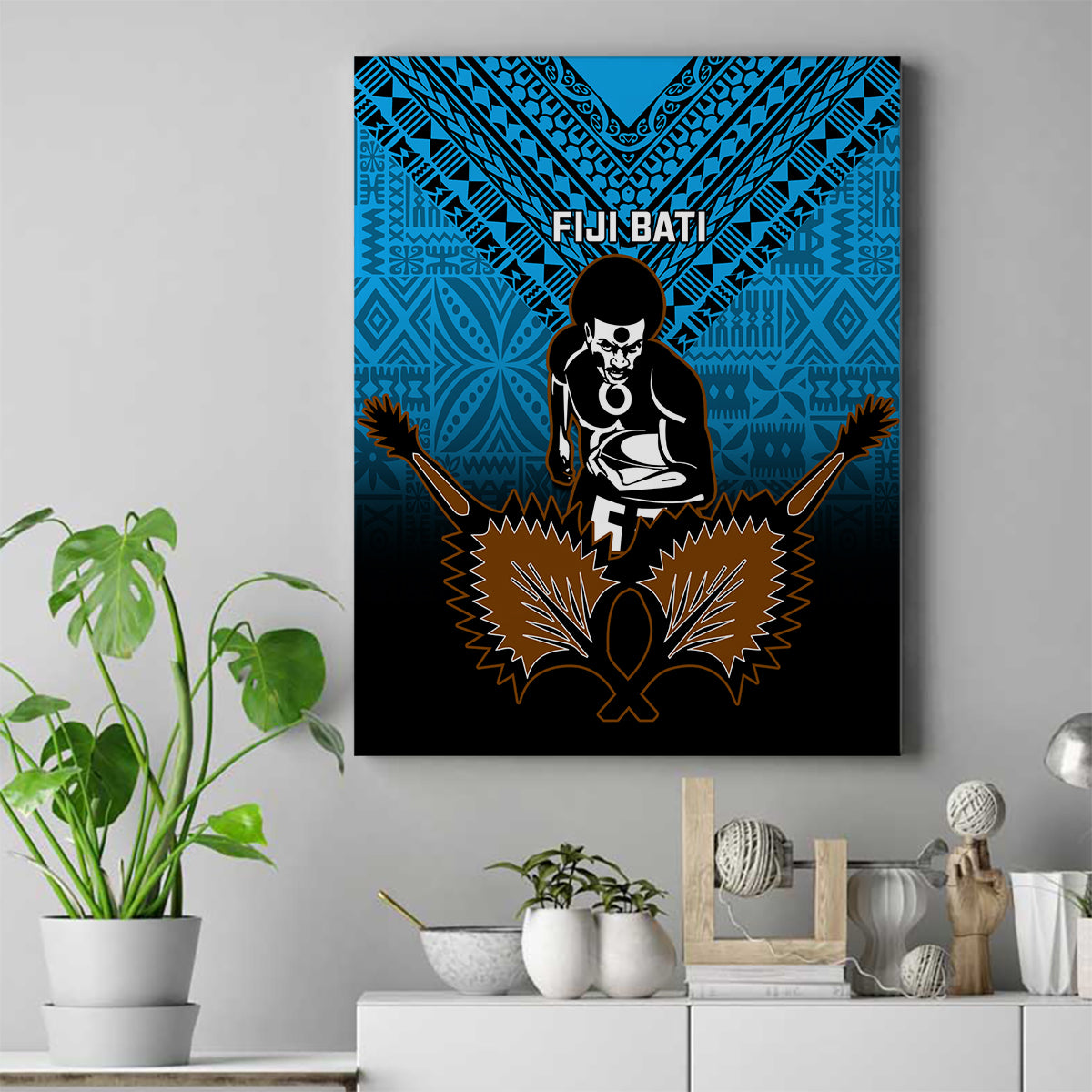 Fiji Tapa Rugby Canvas Wall Art Pacific 2023 Go Fijian Bati LT14 Blue - Polynesian Pride