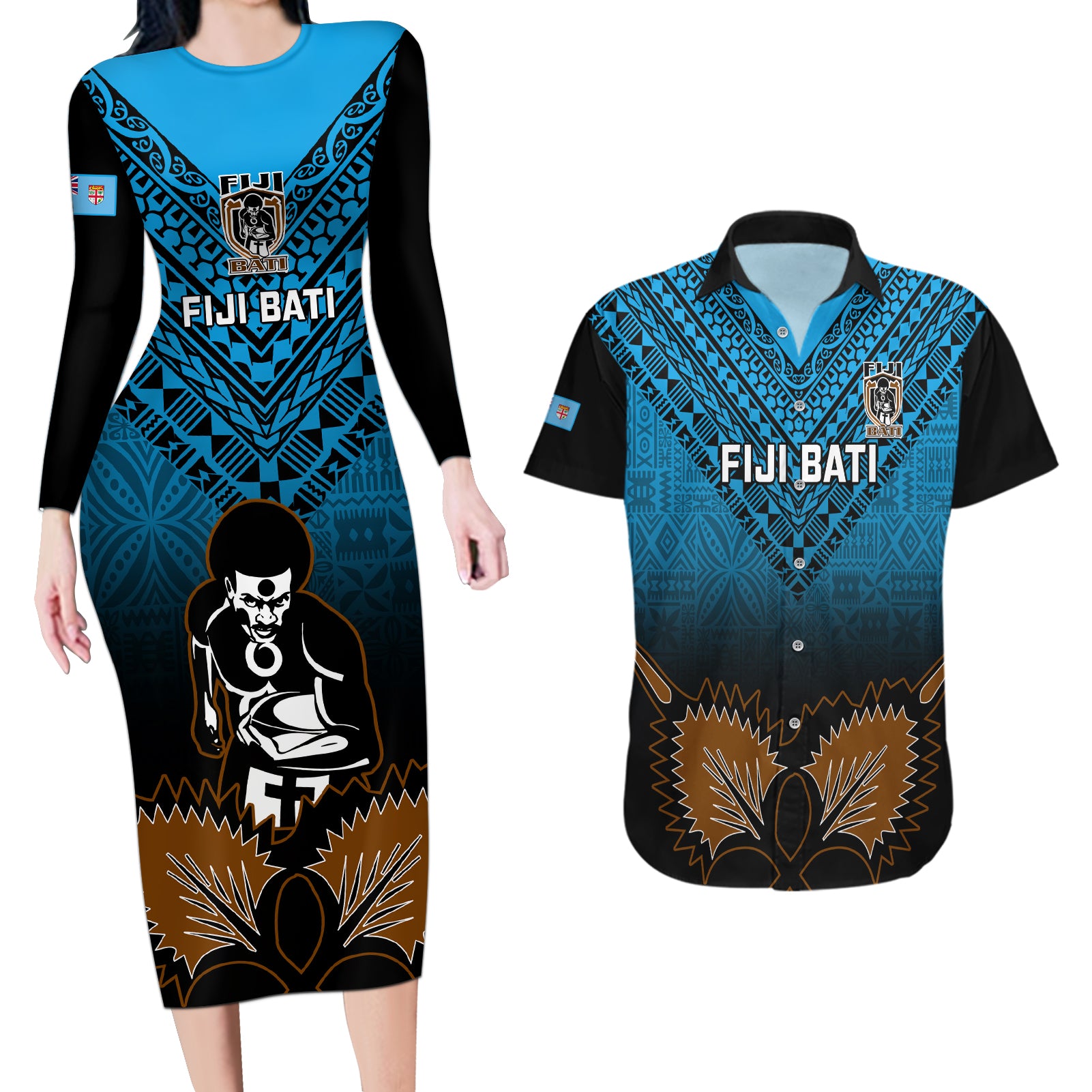 Custom Fiji Tapa Rugby Couples Matching Long Sleeve Bodycon Dress and Hawaiian Shirt Pacific 2023 Go Fijian Bati LT14 Blue - Polynesian Pride