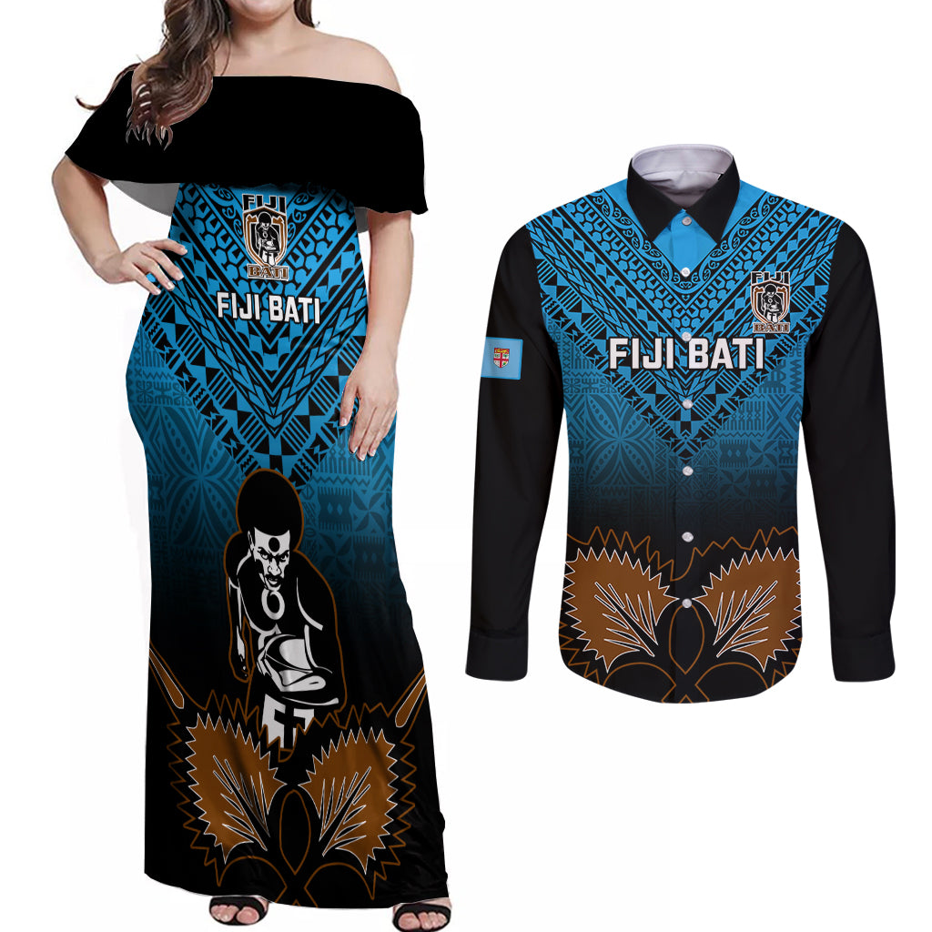 Custom Fiji Tapa Rugby Couples Matching Off Shoulder Maxi Dress and Long Sleeve Button Shirts Pacific 2023 Go Fijian Bati LT14 Blue - Polynesian Pride