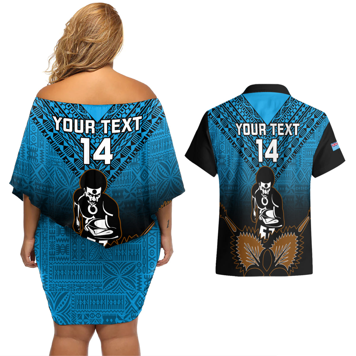 Custom Fiji Tapa Rugby Couples Matching Off Shoulder Short Dress and Hawaiian Shirt Pacific 2023 Go Fijian Bati LT14 - Polynesian Pride