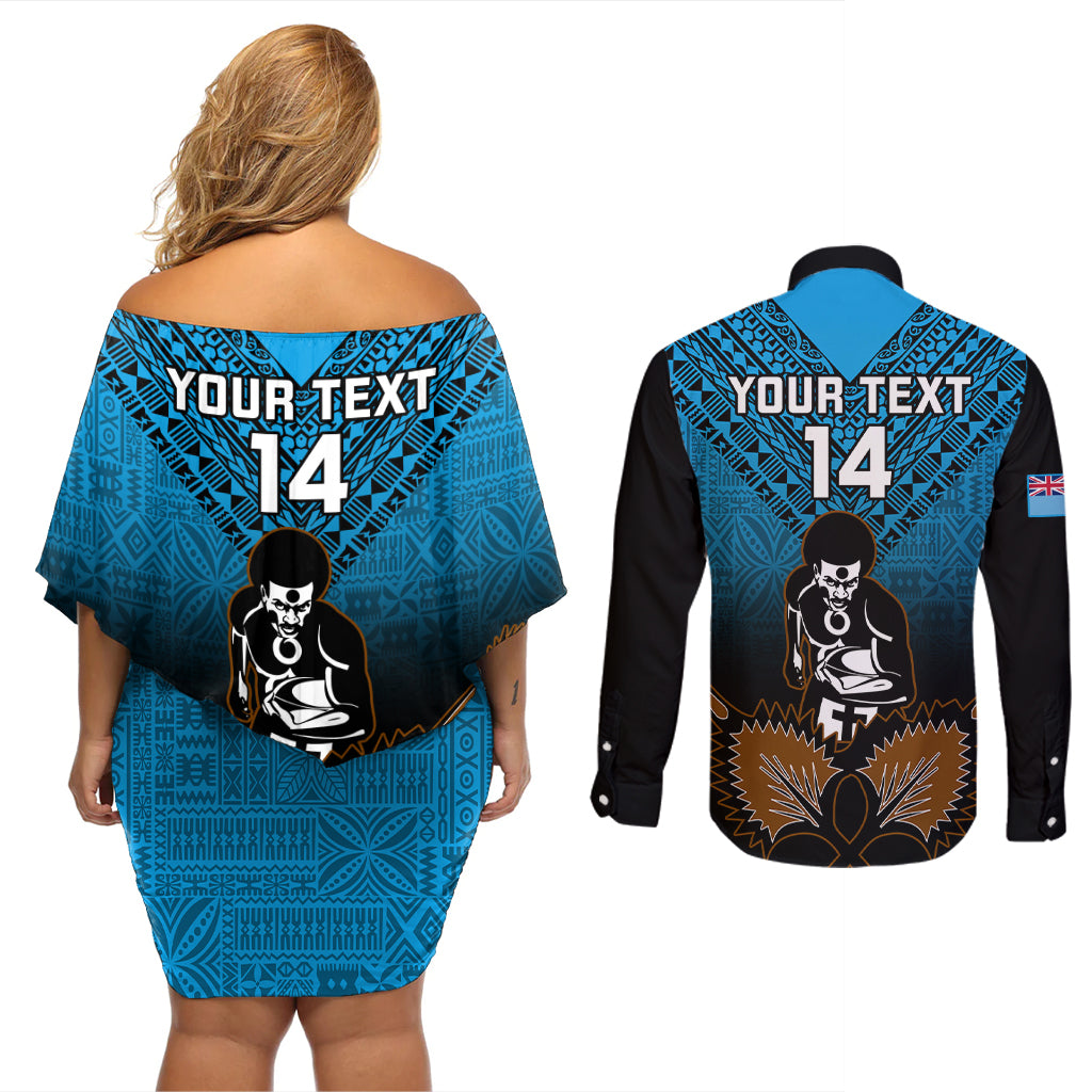 Custom Fiji Tapa Rugby Couples Matching Off Shoulder Short Dress and Long Sleeve Button Shirts Pacific 2023 Go Fijian Bati LT14 - Polynesian Pride