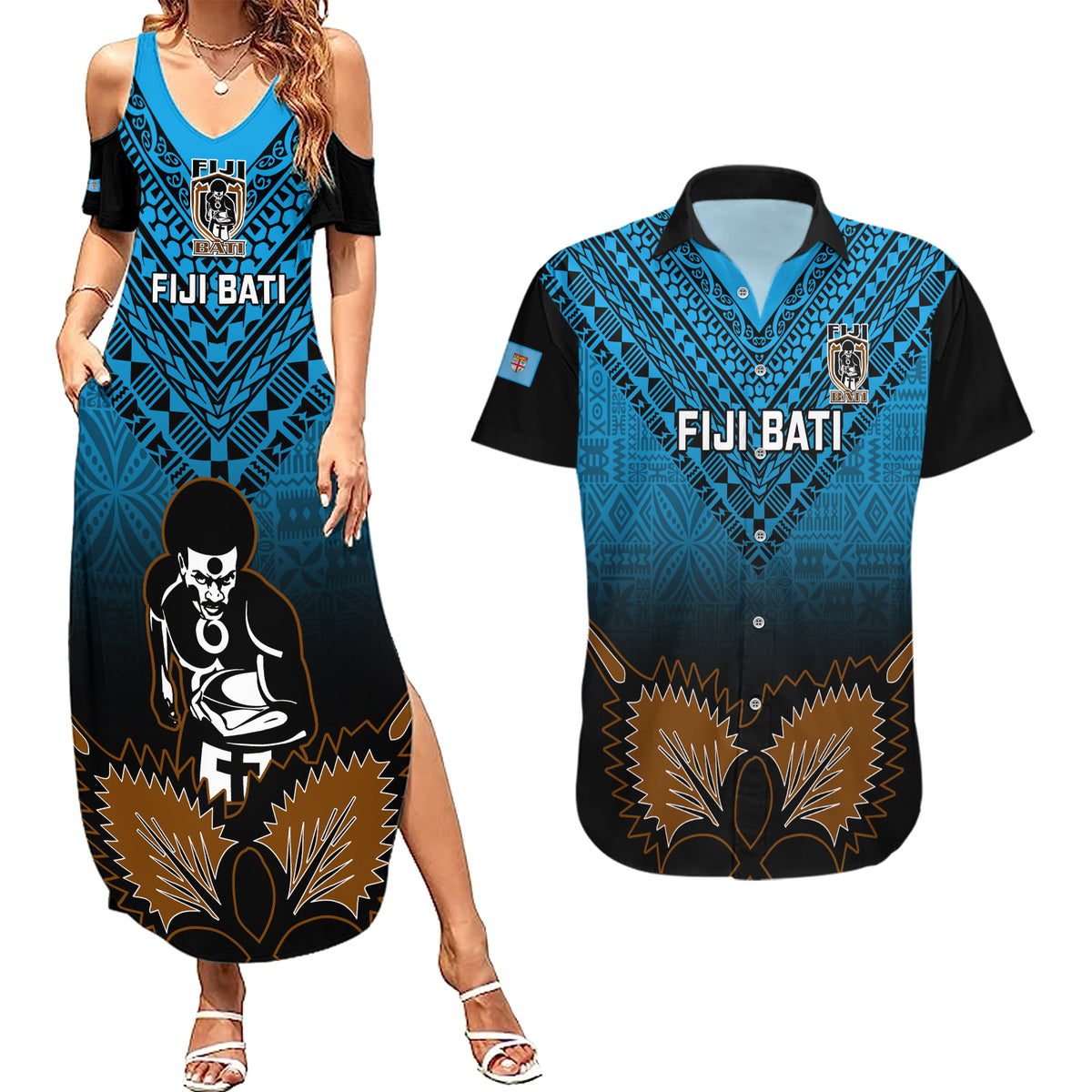 Custom Fiji Tapa Rugby Couples Matching Summer Maxi Dress and Hawaiian Shirt Pacific 2023 Go Fijian Bati LT14 Blue - Polynesian Pride