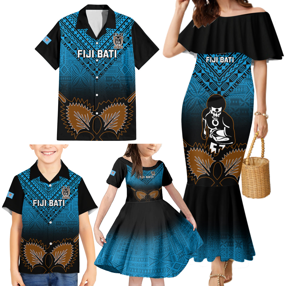 Custom Fiji Tapa Rugby Family Matching Mermaid Dress and Hawaiian Shirt Pacific 2023 Go Fijian Bati LT14 - Polynesian Pride