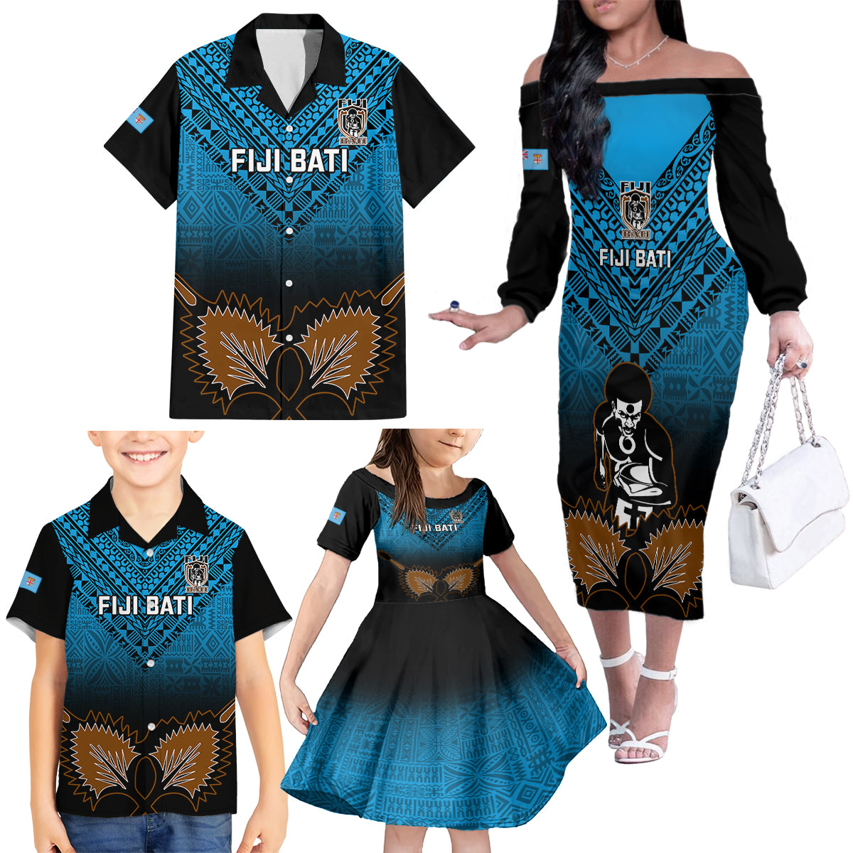 Custom Fiji Tapa Rugby Family Matching Off Shoulder Long Sleeve Dress and Hawaiian Shirt Pacific 2023 Go Fijian Bati LT14 - Polynesian Pride