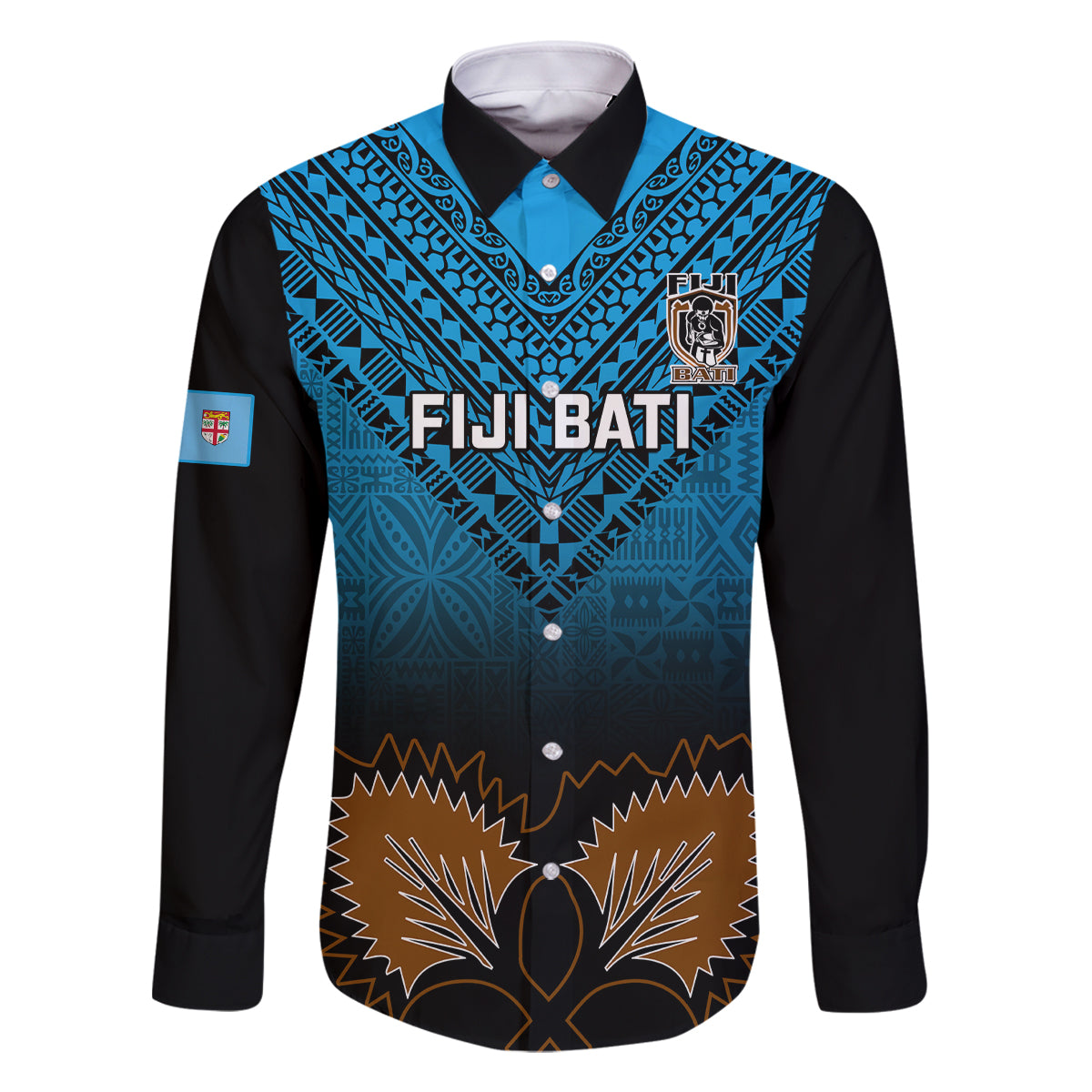Custom Fiji Tapa Rugby Family Matching Off Shoulder Maxi Dress and Hawaiian Shirt Pacific 2023 Go Fijian Bati LT14 Dad's Shirt - Long Sleeve Blue - Polynesian Pride