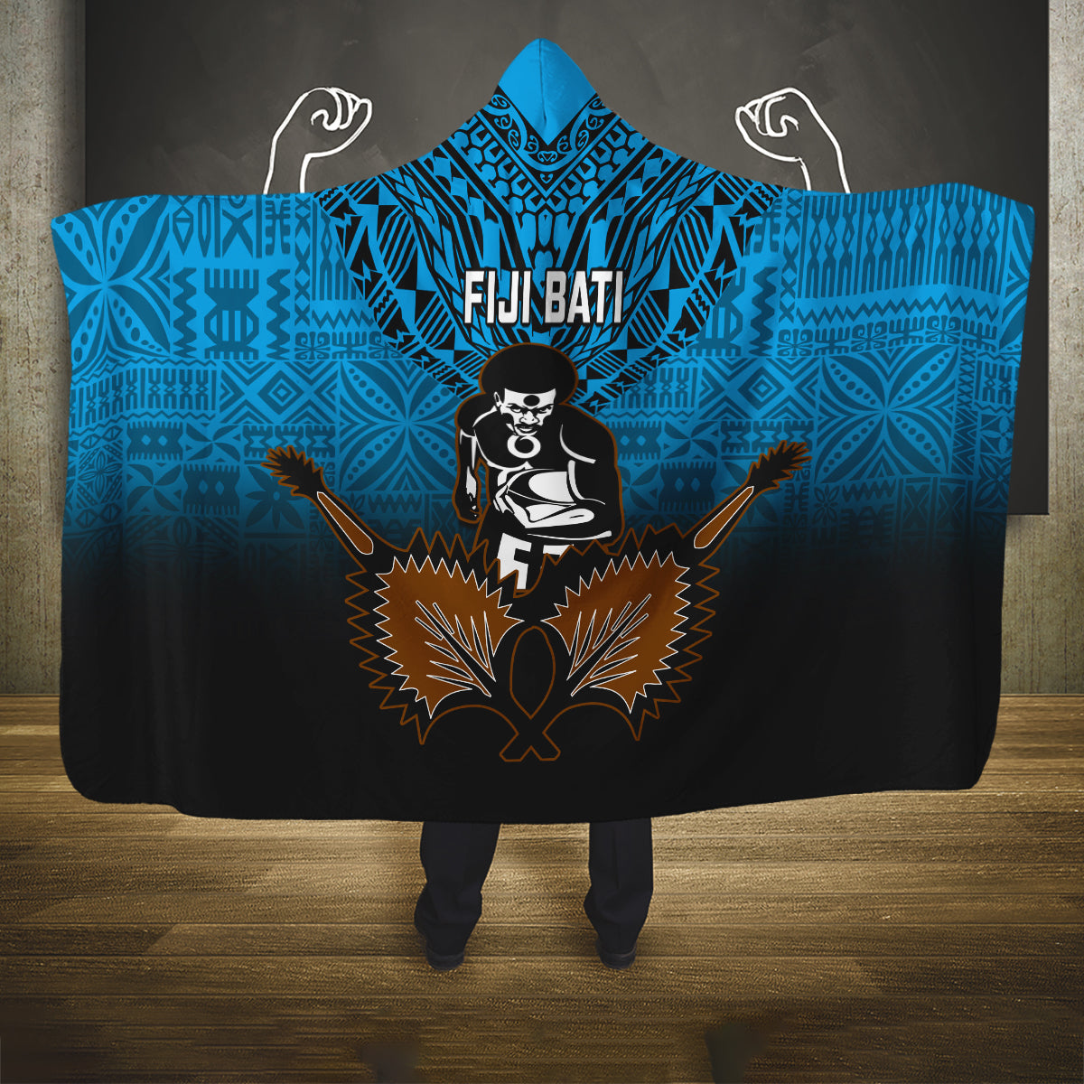 Fiji Tapa Rugby Hooded Blanket Pacific 2023 Go Fijian Bati LT14 One Size Blue - Polynesian Pride