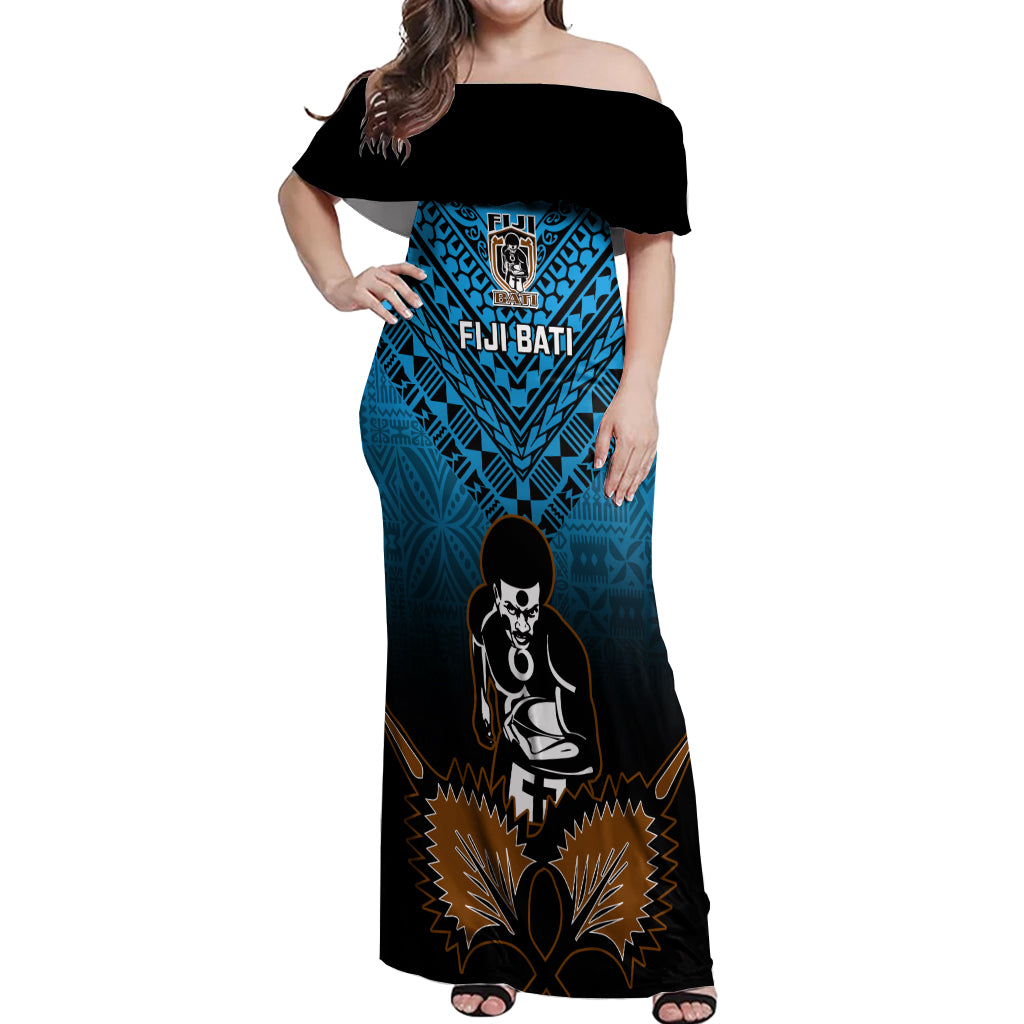 Custom Fiji Tapa Rugby Off Shoulder Maxi Dress Pacific 2023 Go Fijian Bati LT14 Women Blue - Polynesian Pride