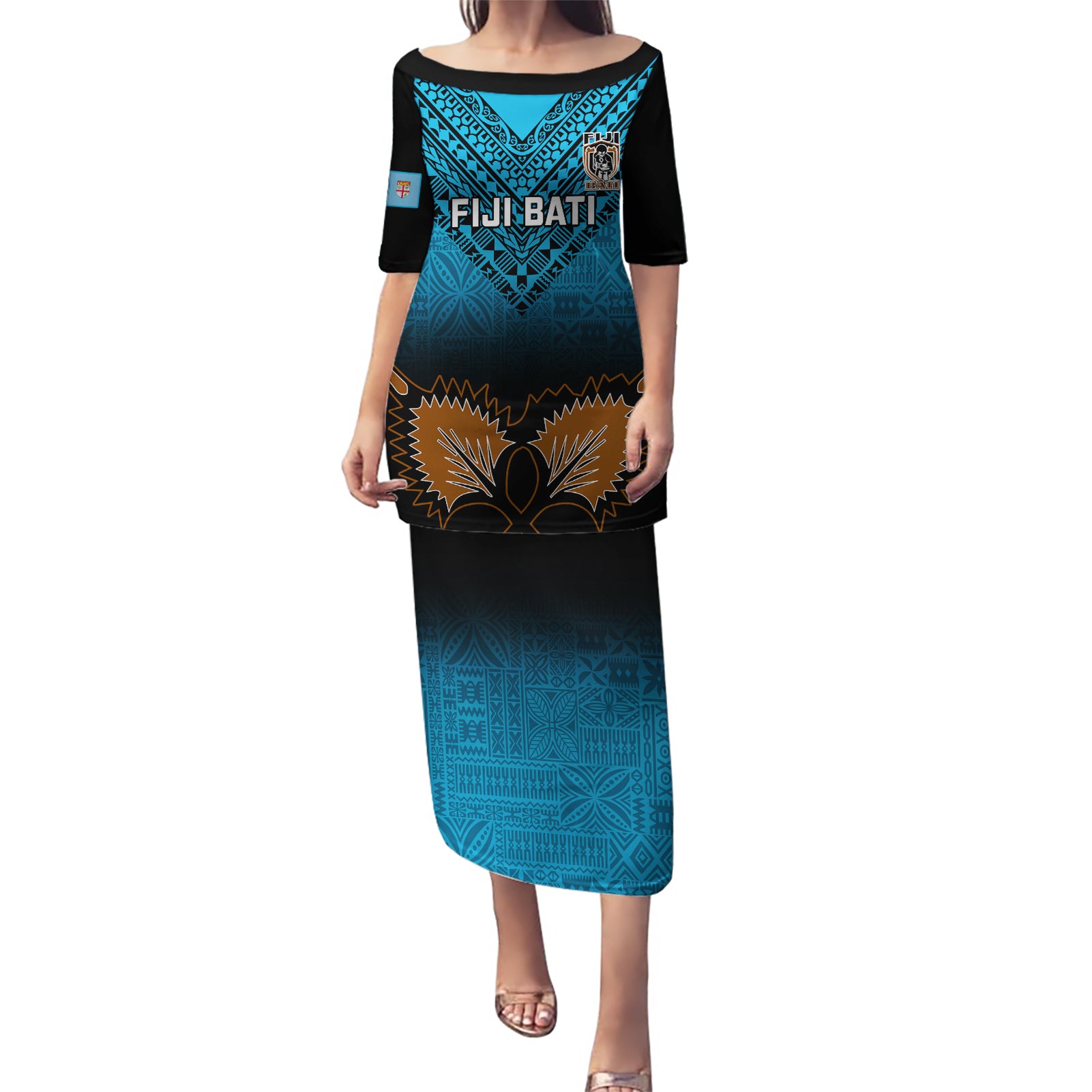 Custom Fiji Tapa Rugby Puletasi Pacific 2023 Go Fijian Bati LT14 Long Dress Blue - Polynesian Pride