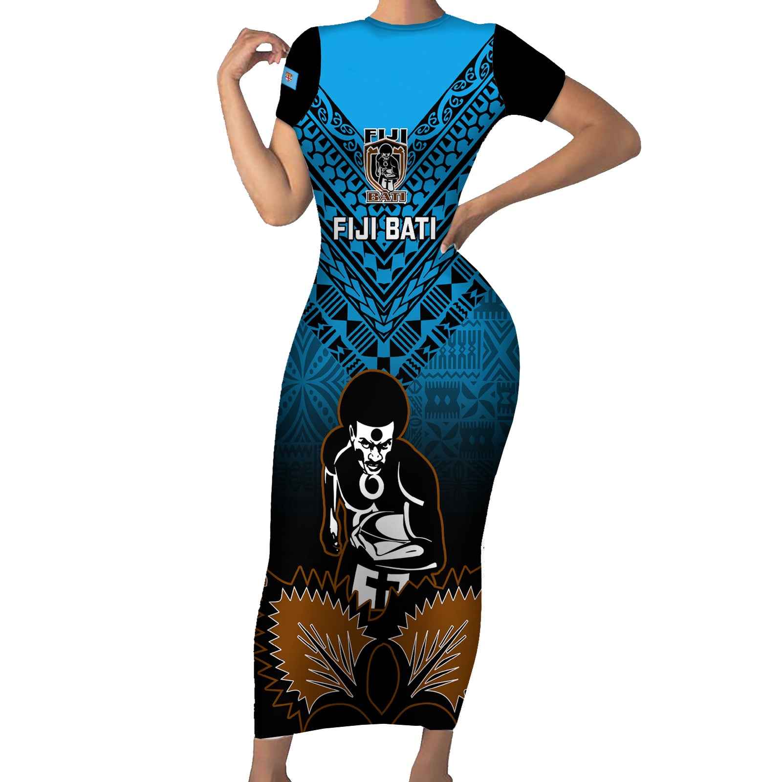 Custom Fiji Tapa Rugby Short Sleeve Bodycon Dress Pacific 2023 Go Fijian Bati LT14 Long Dress Blue - Polynesian Pride