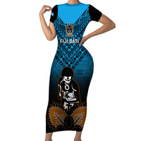 Custom Fiji Tapa Rugby Short Sleeve Bodycon Dress Pacific 2023 Go Fijian Bati LT14 Long Dress Blue - Polynesian Pride