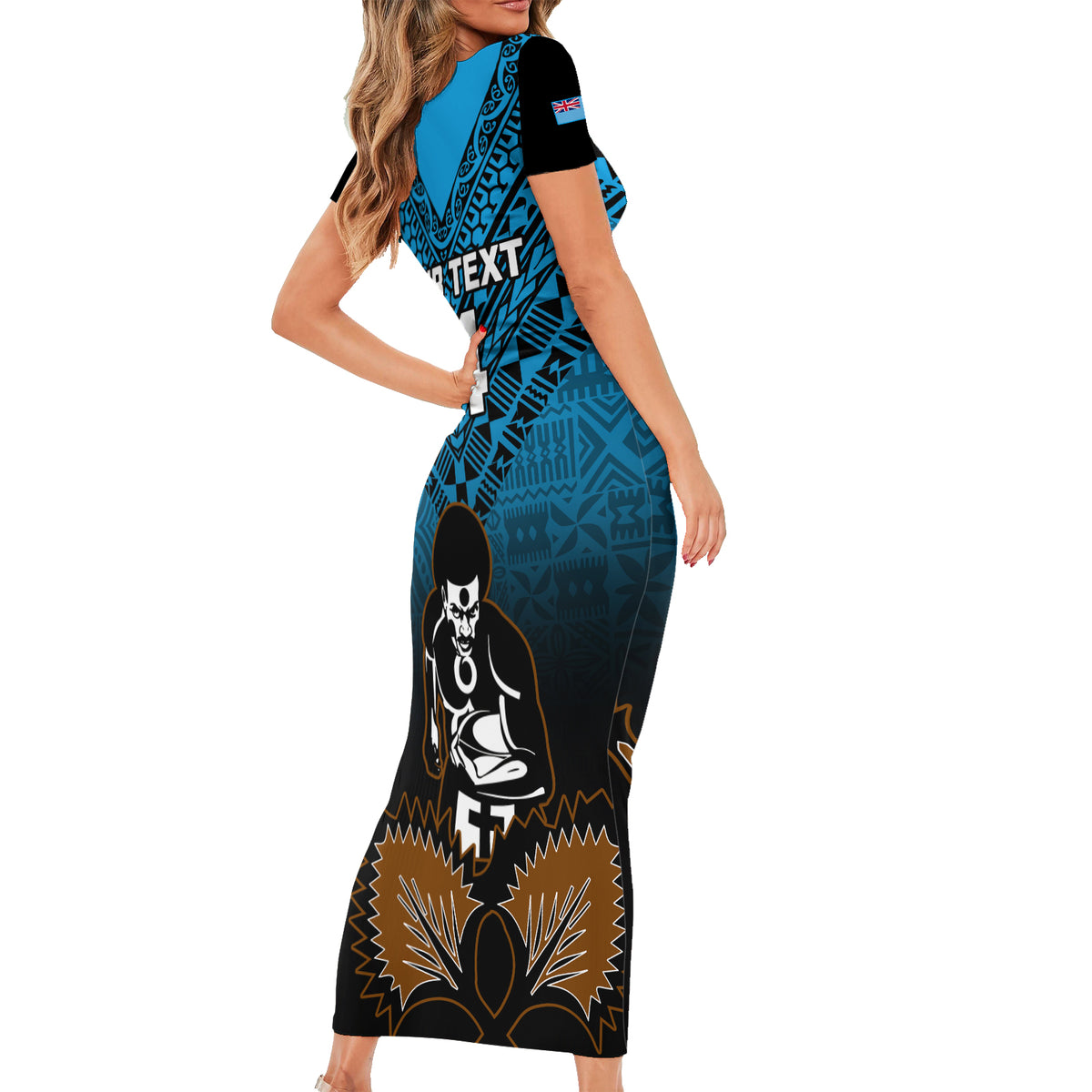 Custom Fiji Tapa Rugby Short Sleeve Bodycon Dress Pacific 2023 Go Fijian Bati LT14 - Polynesian Pride