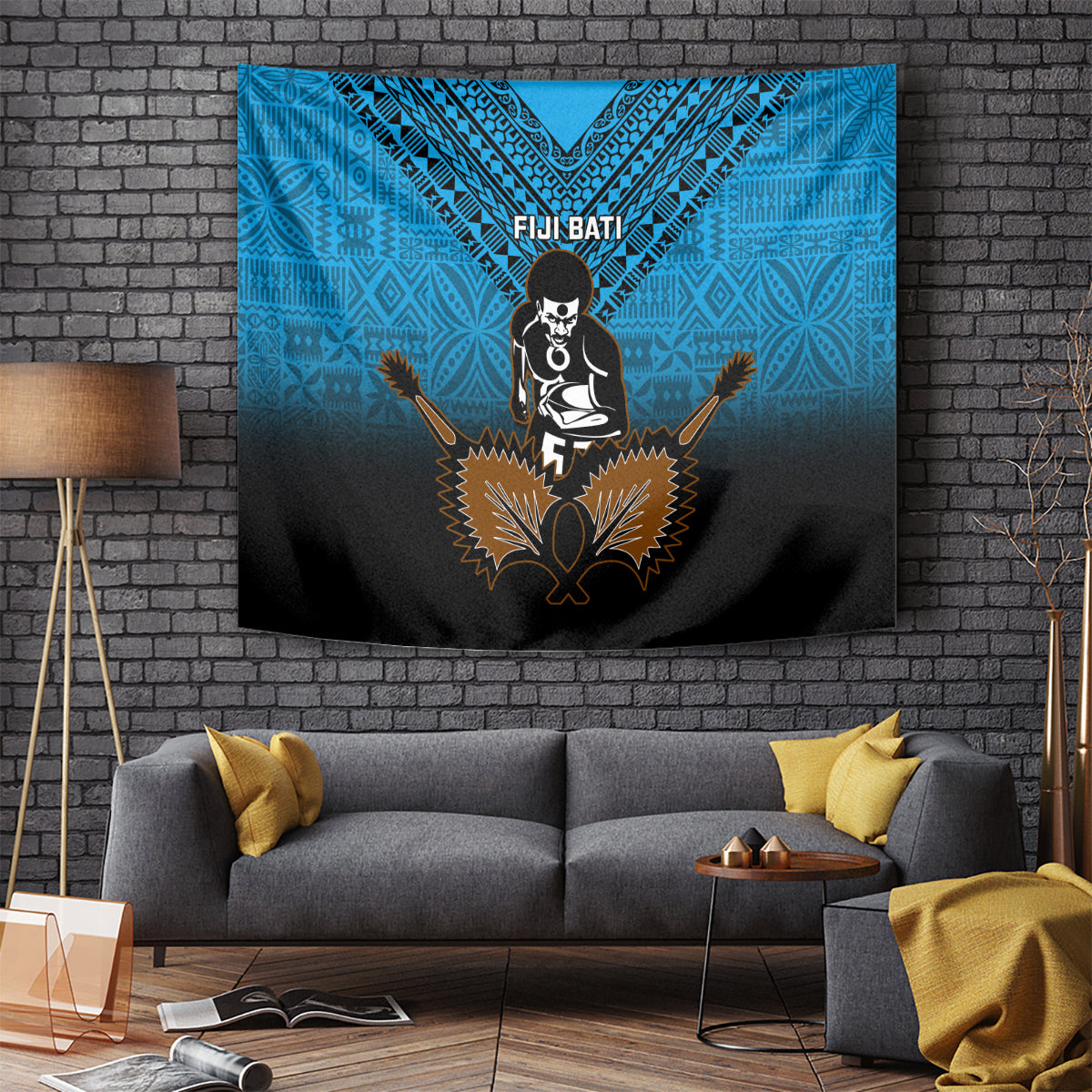 Fiji Tapa Rugby Tapestry Pacific 2023 Go Fijian Bati LT14 Blue - Polynesian Pride