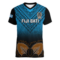 Custom Fiji Tapa Rugby Women V Neck T Shirt Pacific 2023 Go Fijian Bati LT14 Female Blue - Polynesian Pride