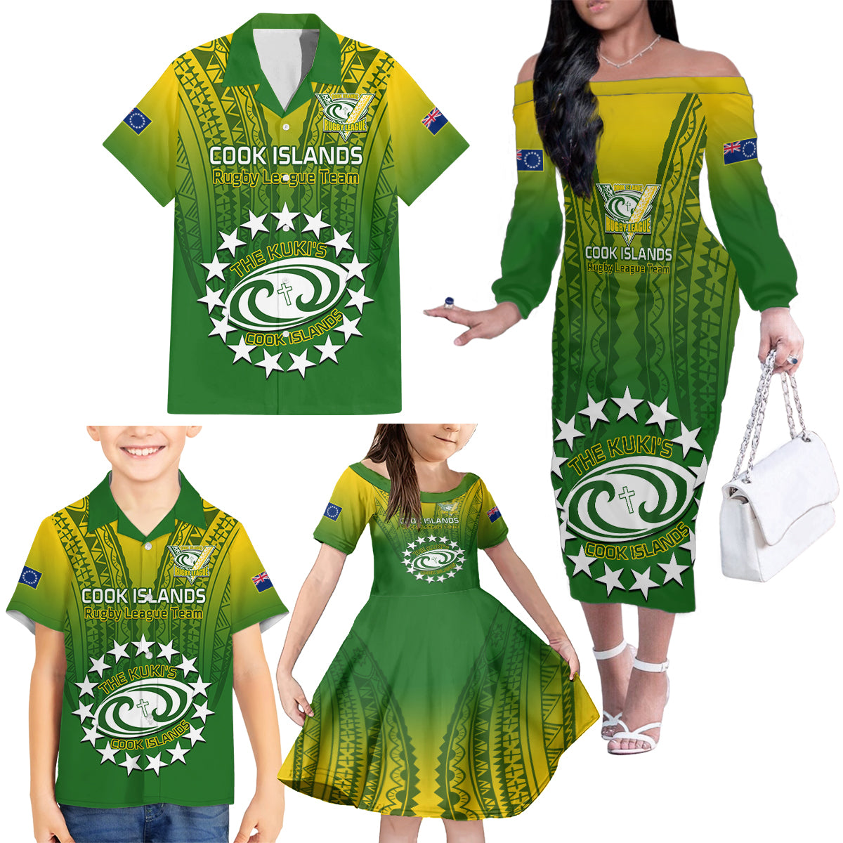 Custom Cook Islands Rugby Family Matching Off Shoulder Long Sleeve Dress and Hawaiian Shirt Pacific 2023 Go The Kukis LT14 - Polynesian Pride