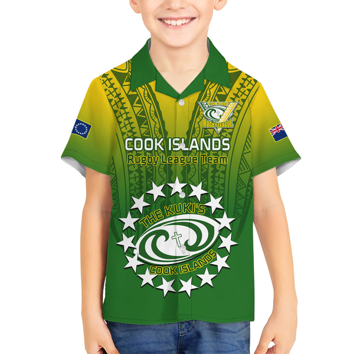 Custom Cook Islands Rugby Family Matching Off Shoulder Maxi Dress and Hawaiian Shirt Pacific 2023 Go The Kukis LT14 Son's Shirt Green - Polynesian Pride