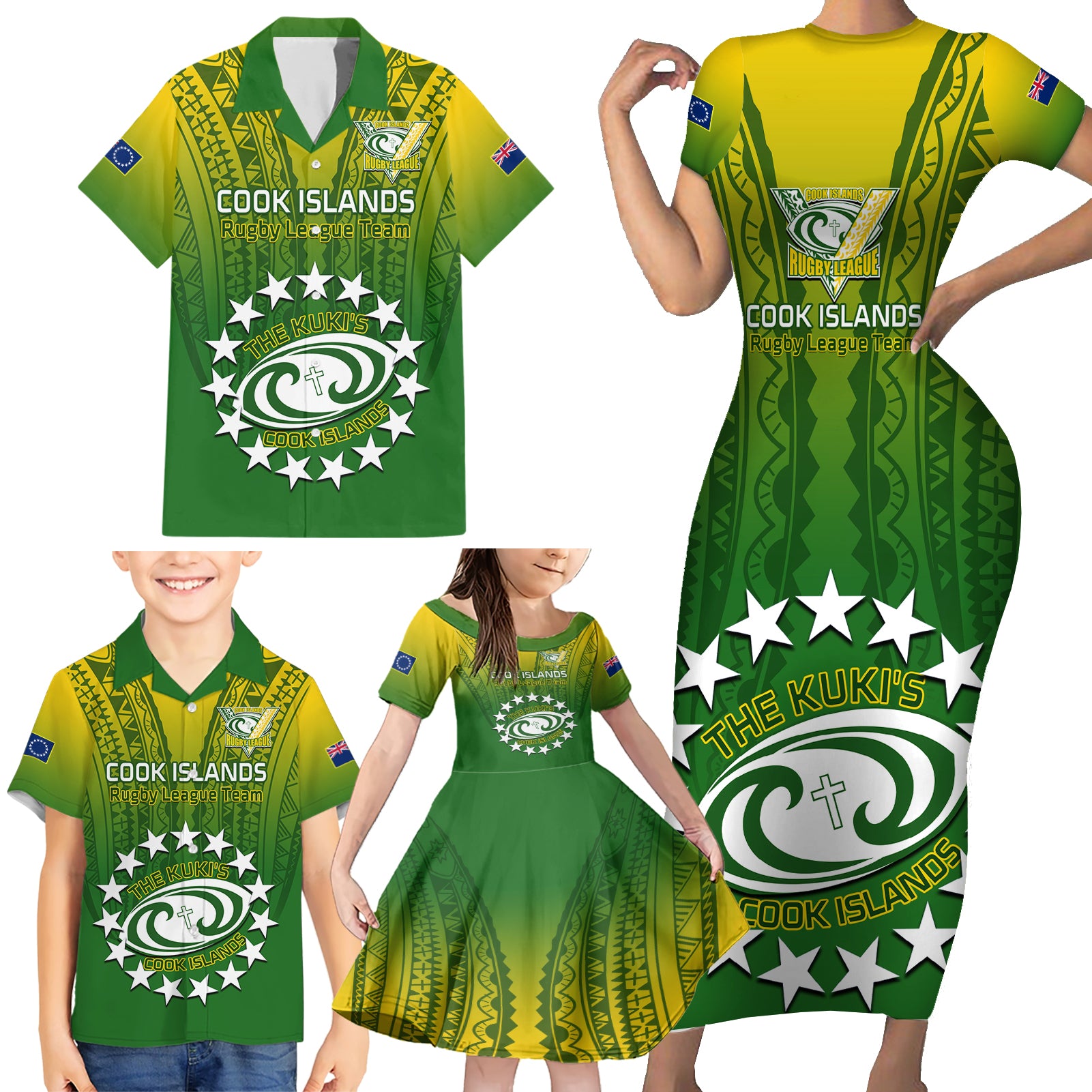 Custom Cook Islands Rugby Family Matching Short Sleeve Bodycon Dress and Hawaiian Shirt Pacific 2023 Go The Kukis LT14 - Polynesian Pride