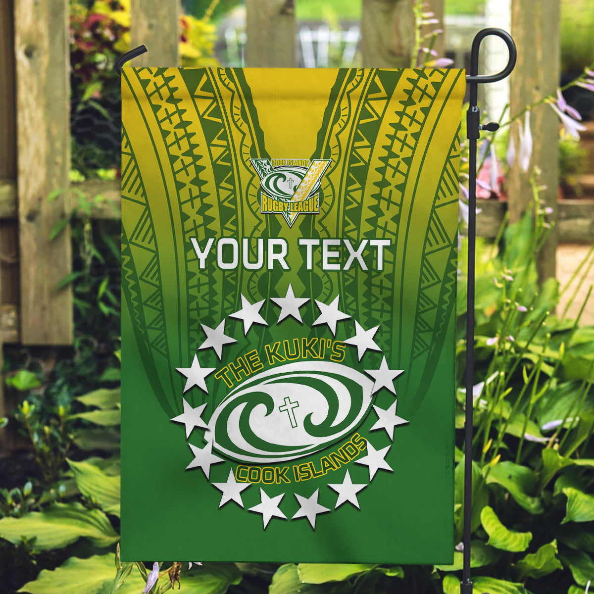 Custom Cook Islands Rugby Garden Flag Pacific 2023 Go The Kukis LT14 Garden Flag Green - Polynesian Pride