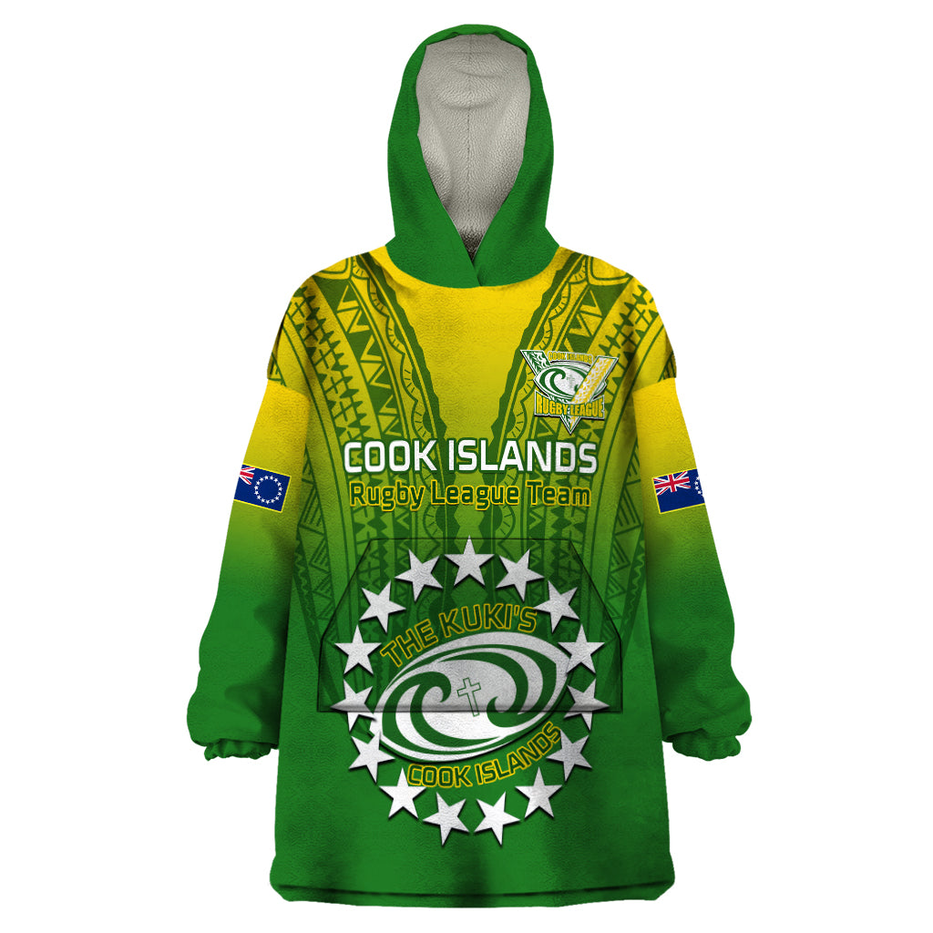 Custom Cook Islands Rugby Wearable Blanket Hoodie Pacific 2023 Go The Kukis LT14 One Size Green - Polynesian Pride