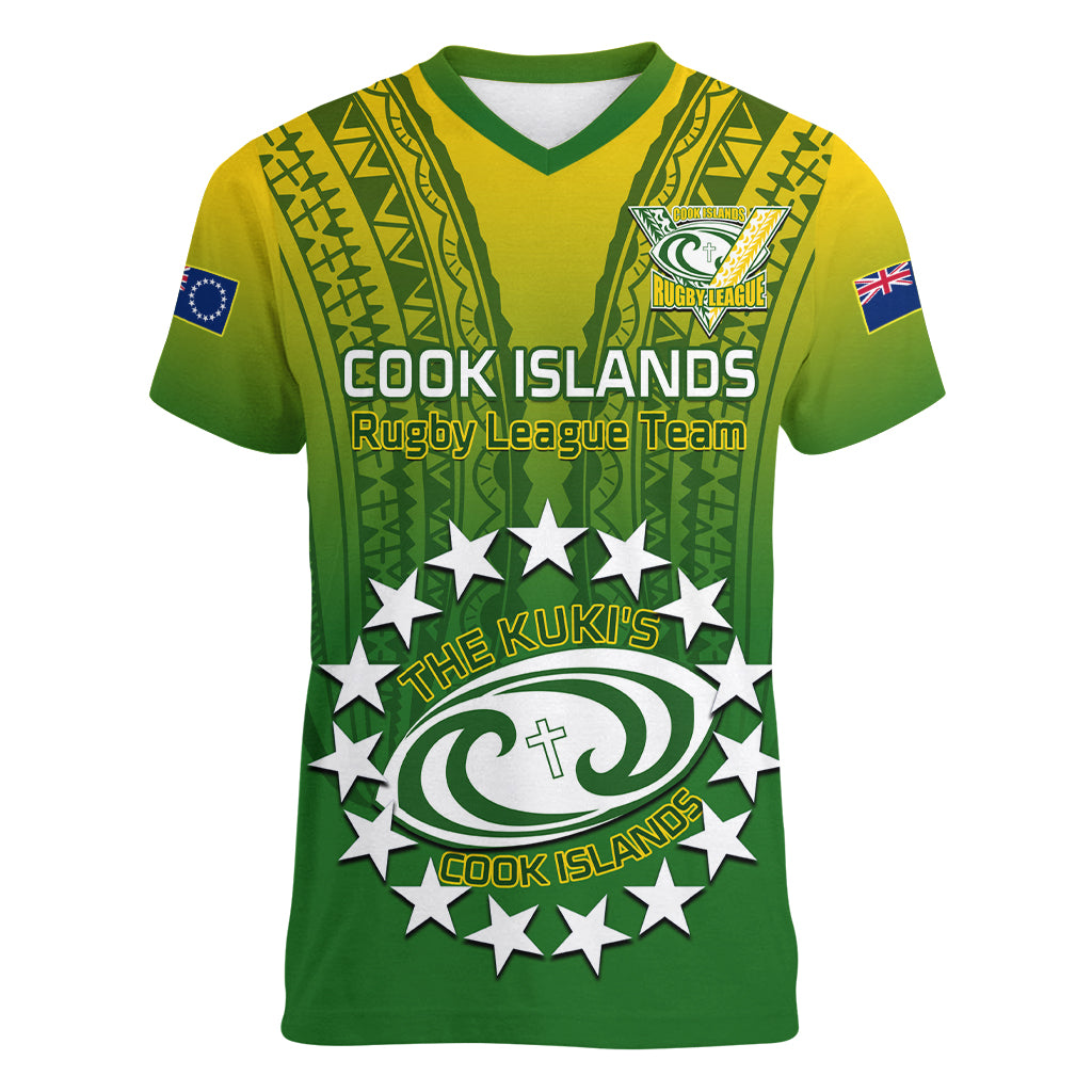 Custom Cook Islands Rugby Women V Neck T Shirt Pacific 2023 Go The Kukis LT14 Female Green - Polynesian Pride