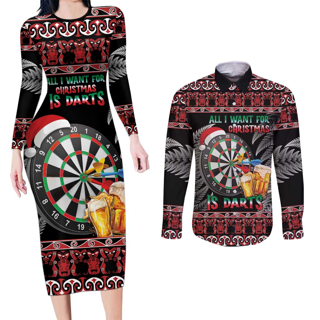 All I Want For Christmas Is Darts New Zealand Couples Matching Long Sleeve Bodycon Dress and Long Sleeve Button Shirt