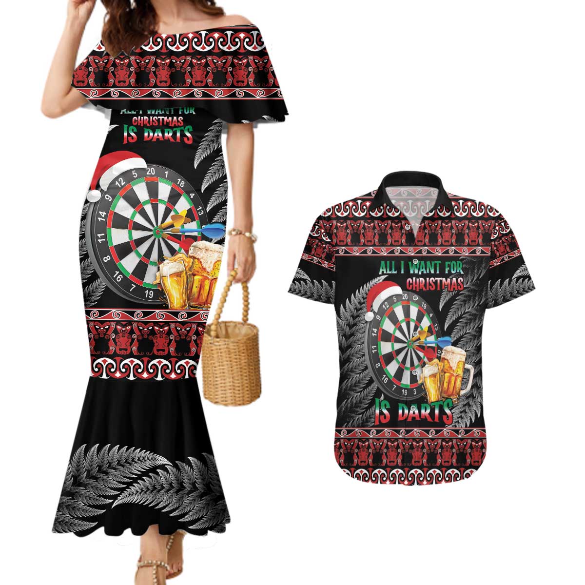 All I Want For Christmas Is Darts New Zealand Couples Matching Mermaid Dress and Hawaiian Shirt