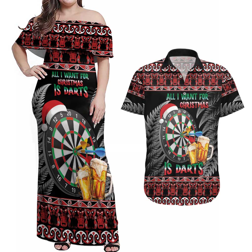 All I Want For Christmas Is Darts New Zealand Couples Matching Off Shoulder Maxi Dress and Hawaiian Shirt