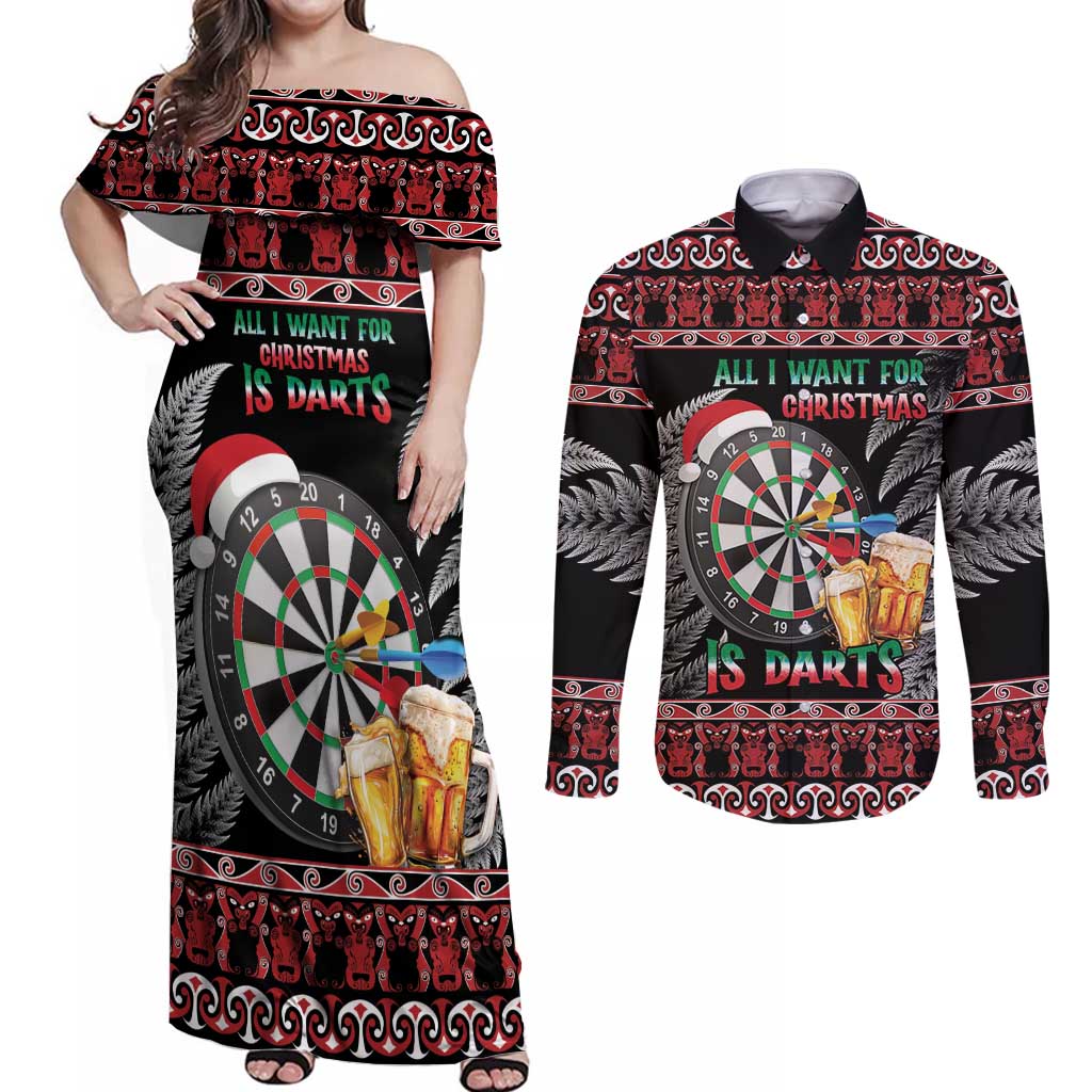 All I Want For Christmas Is Darts New Zealand Couples Matching Off Shoulder Maxi Dress and Long Sleeve Button Shirt