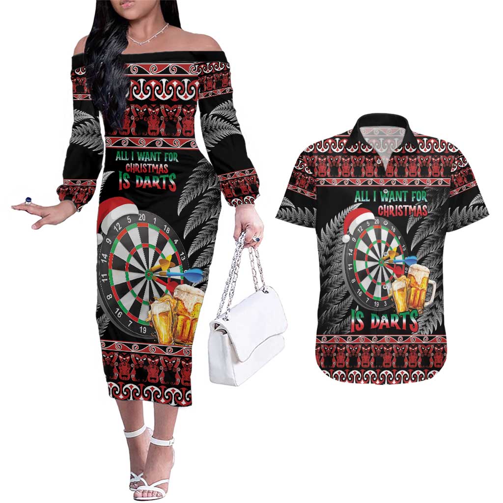 All I Want For Christmas Is Darts New Zealand Couples Matching Off The Shoulder Long Sleeve Dress and Hawaiian Shirt