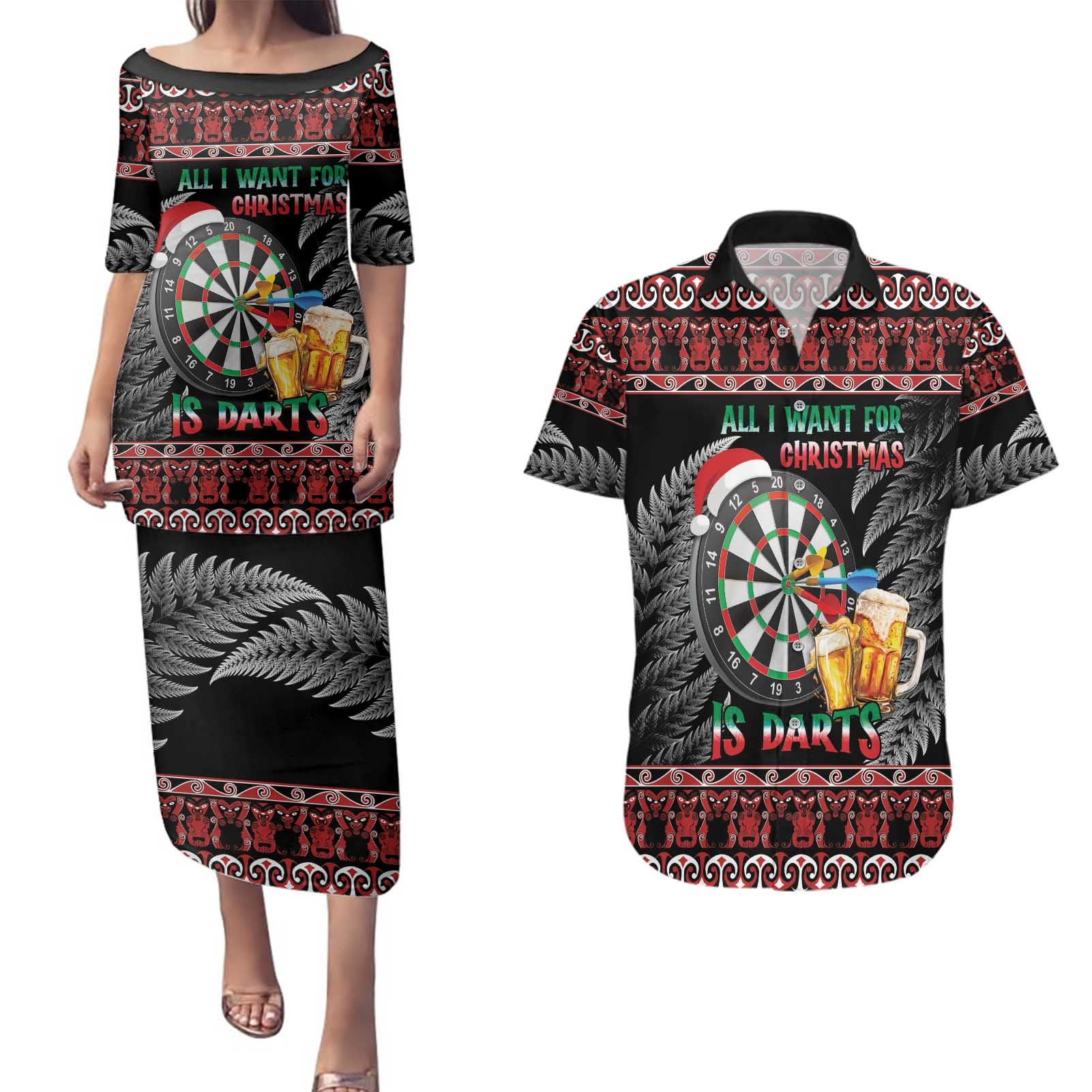 All I Want For Christmas Is Darts New Zealand Couples Matching Puletasi and Hawaiian Shirt