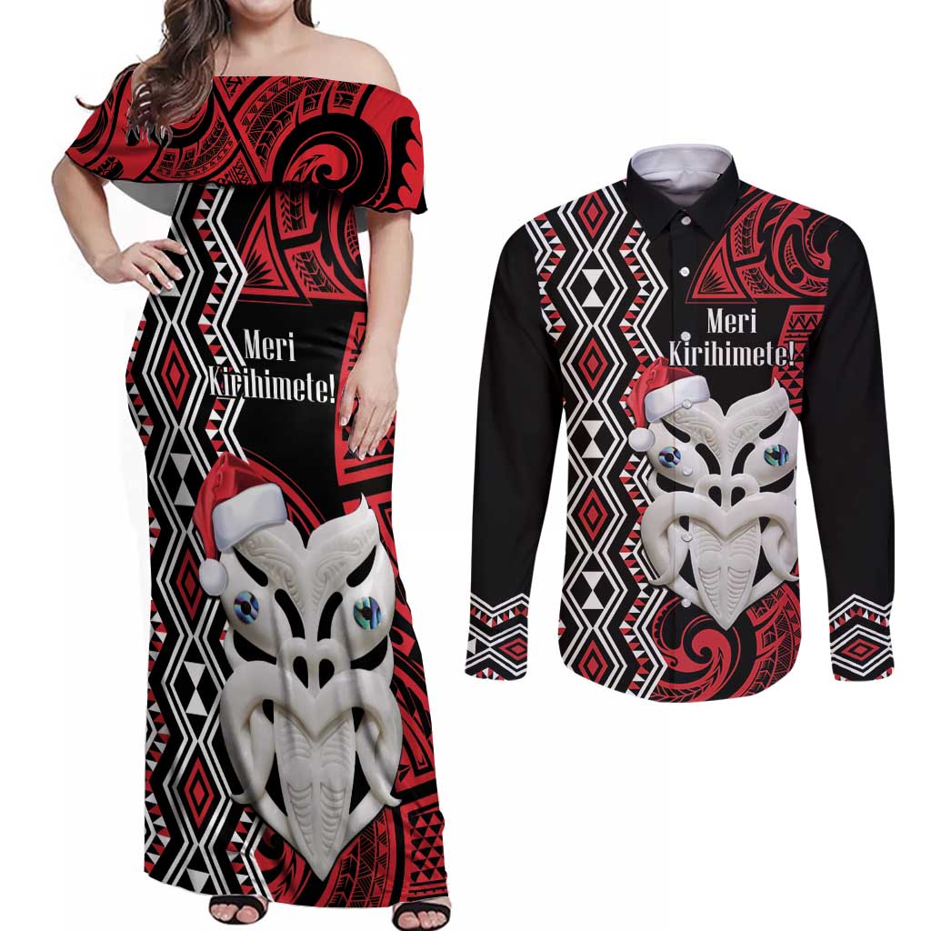 Personalised New Zealand Christmas Couples Matching Off Shoulder Maxi Dress and Long Sleeve Button Shirt Meri Kirihimete Maori Wheku - Taniko Art