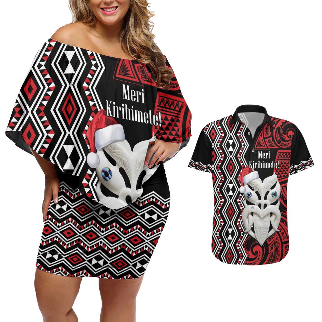 Personalised New Zealand Christmas Couples Matching Off Shoulder Short Dress and Hawaiian Shirt Meri Kirihimete Maori Wheku - Taniko Art