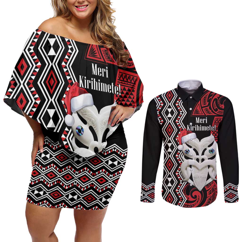 Personalised New Zealand Christmas Couples Matching Off Shoulder Short Dress and Long Sleeve Button Shirt Meri Kirihimete Maori Wheku - Taniko Art