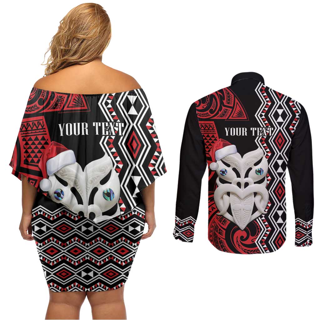 Personalised New Zealand Christmas Couples Matching Off Shoulder Short Dress and Long Sleeve Button Shirt Meri Kirihimete Maori Wheku - Taniko Art