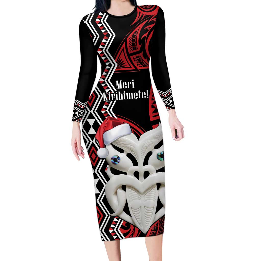 Personalised New Zealand Christmas Long Sleeve Bodycon Dress Meri Kirihimete Maori Wheku - Taniko Art