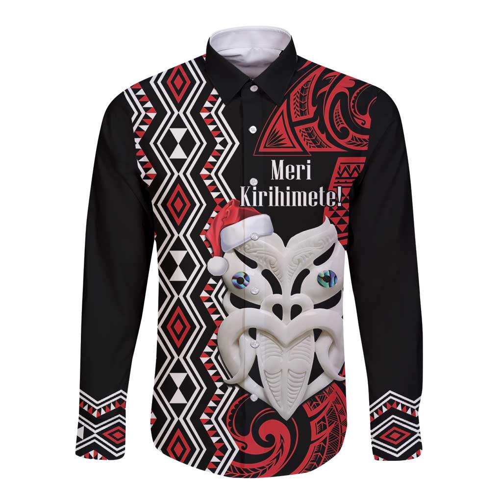 Personalised New Zealand Christmas Long Sleeve Button Shirt Meri Kirihimete Maori Wheku - Taniko Art