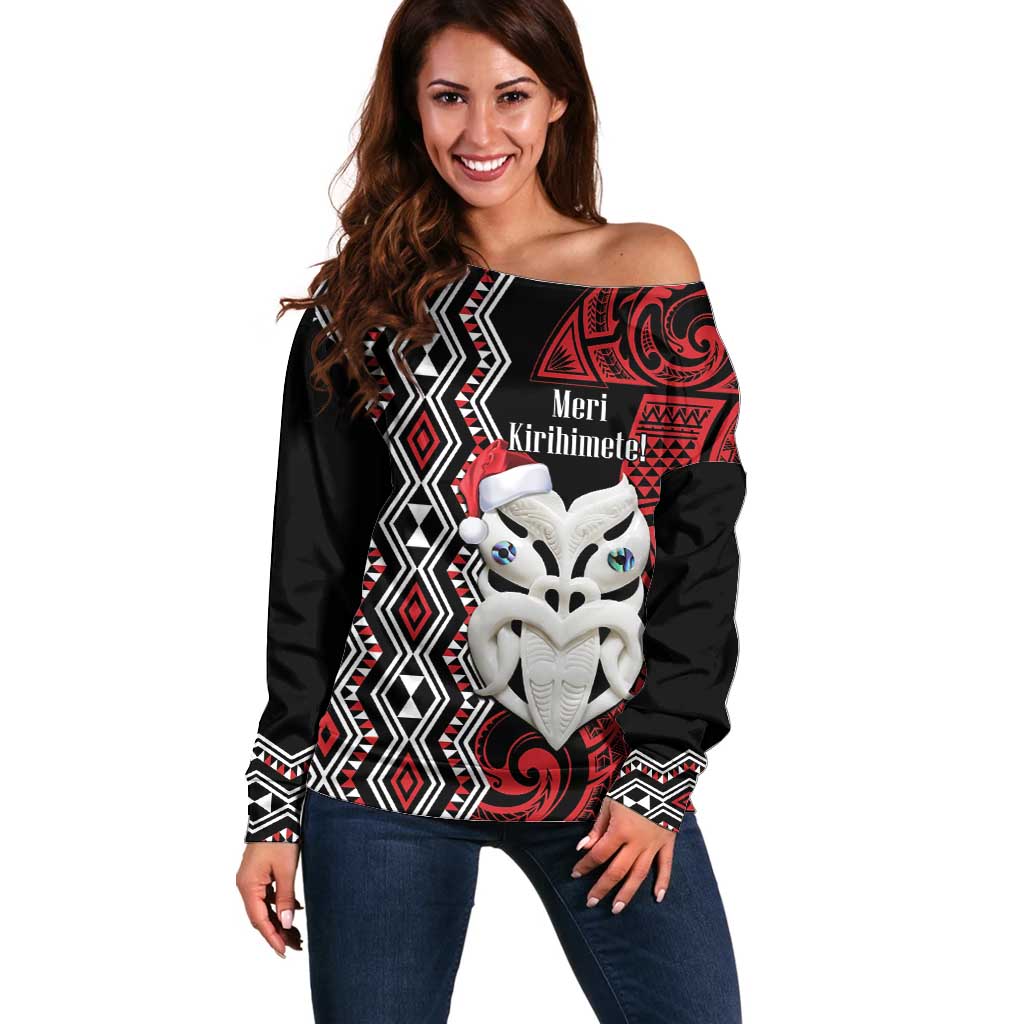 Personalised New Zealand Christmas Off Shoulder Sweater Meri Kirihimete Maori Wheku - Taniko Art