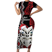 Personalised New Zealand Christmas Short Sleeve Bodycon Dress Meri Kirihimete Maori Wheku - Taniko Art